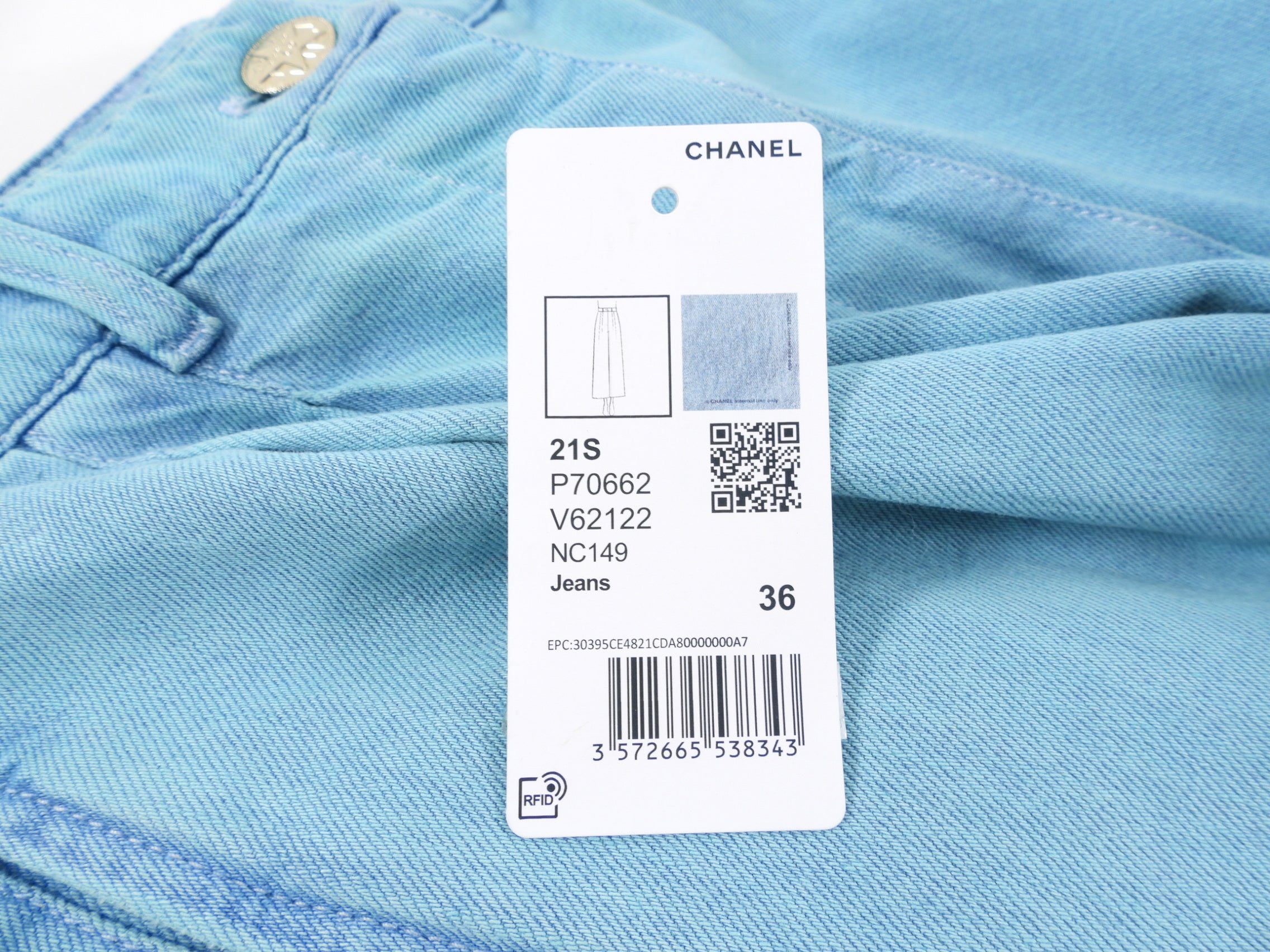 Chanel 21S Turquoise Blue Denim Wide Leg Jeans Size 36 | High Waist Distressed Denim Pants | Casual Chic Outfit for Women | Perfect for Streetwear, Date Night & Fashion Events
