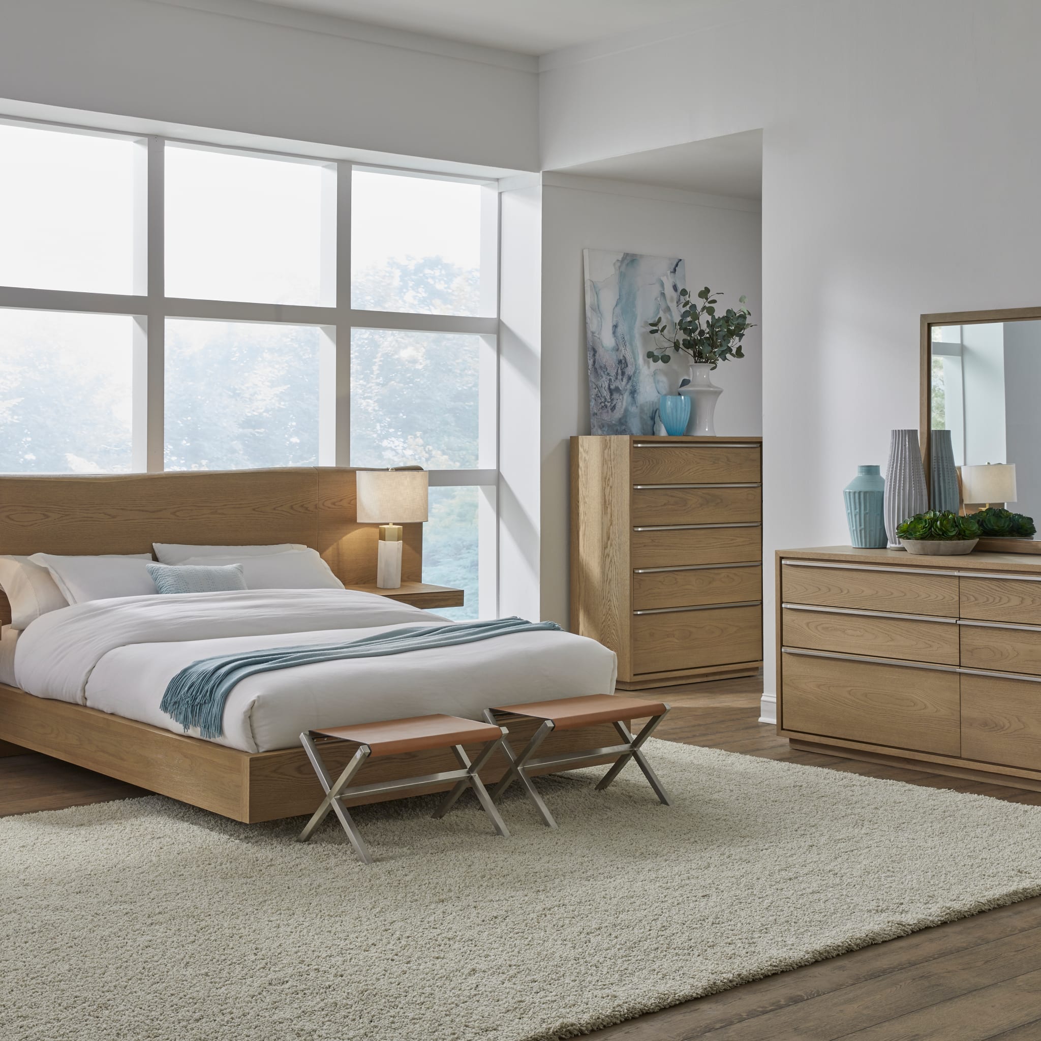 Coastal Modern Live Edge Wall Bed with Floating Nightstands in Bisque - Space-Saving Murphy Bed for Small Apartments, Guest Rooms & Beach Houses