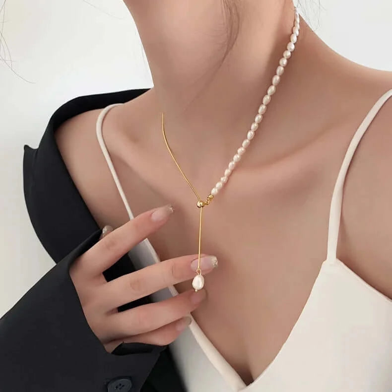 Elegant Freshwater Pearl Lariat Necklace - Dainty Layering Jewelry for Women | Perfect for Weddings, Date Nights & Special Occasions | A8432