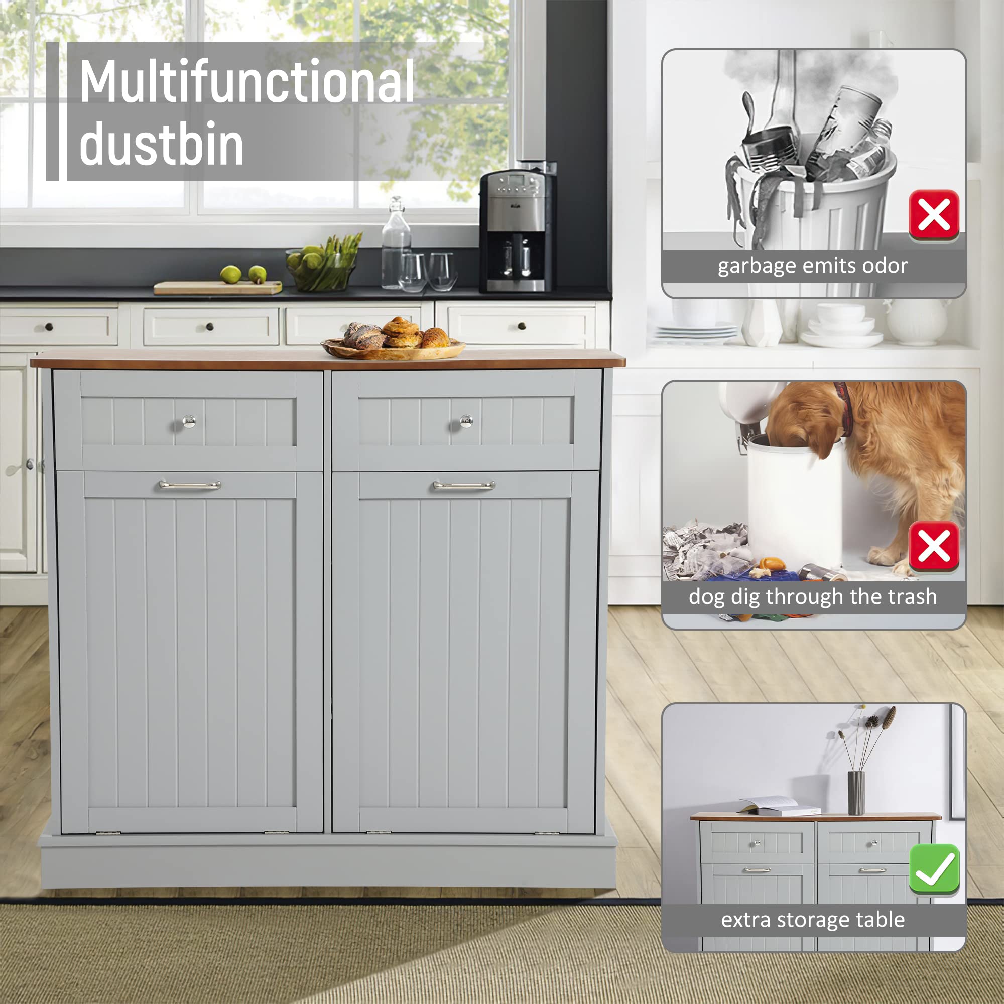 Tilt Out Trash Can Cabinet with Double Hidden Can Holder - Wooden Free Standing Kitchen Recycling Storage - Dog Proof Gray Cabinet for Waste Management & Home Organization