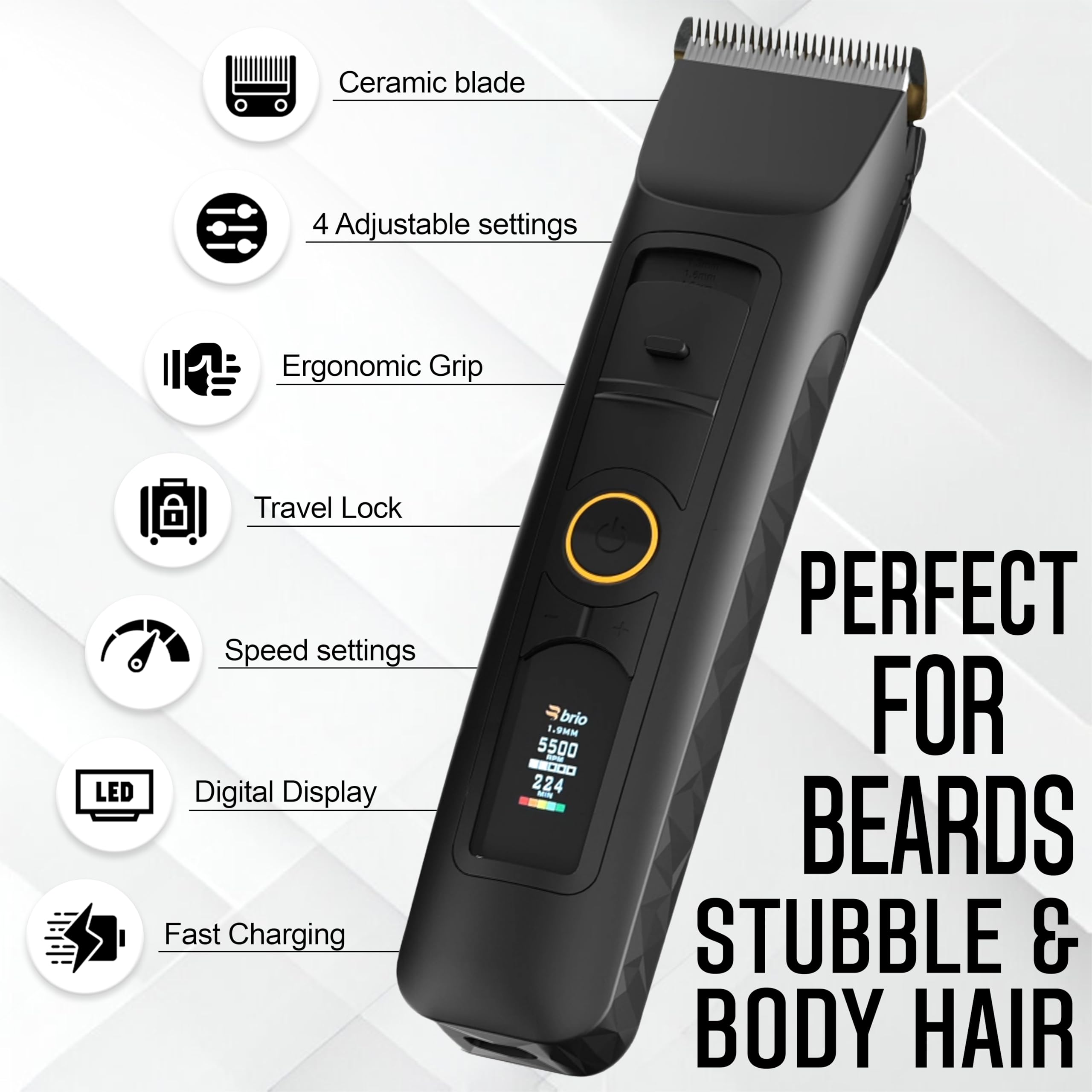 Brio Beardscape V2 Black Beard Trimmer Kit with Zero Blade, Body Blade & Pro Travel Case - Adjustable Ceramic Blade & Length Guards for Precision Grooming | Perfect for Travel, Home Use & Professional Barbers