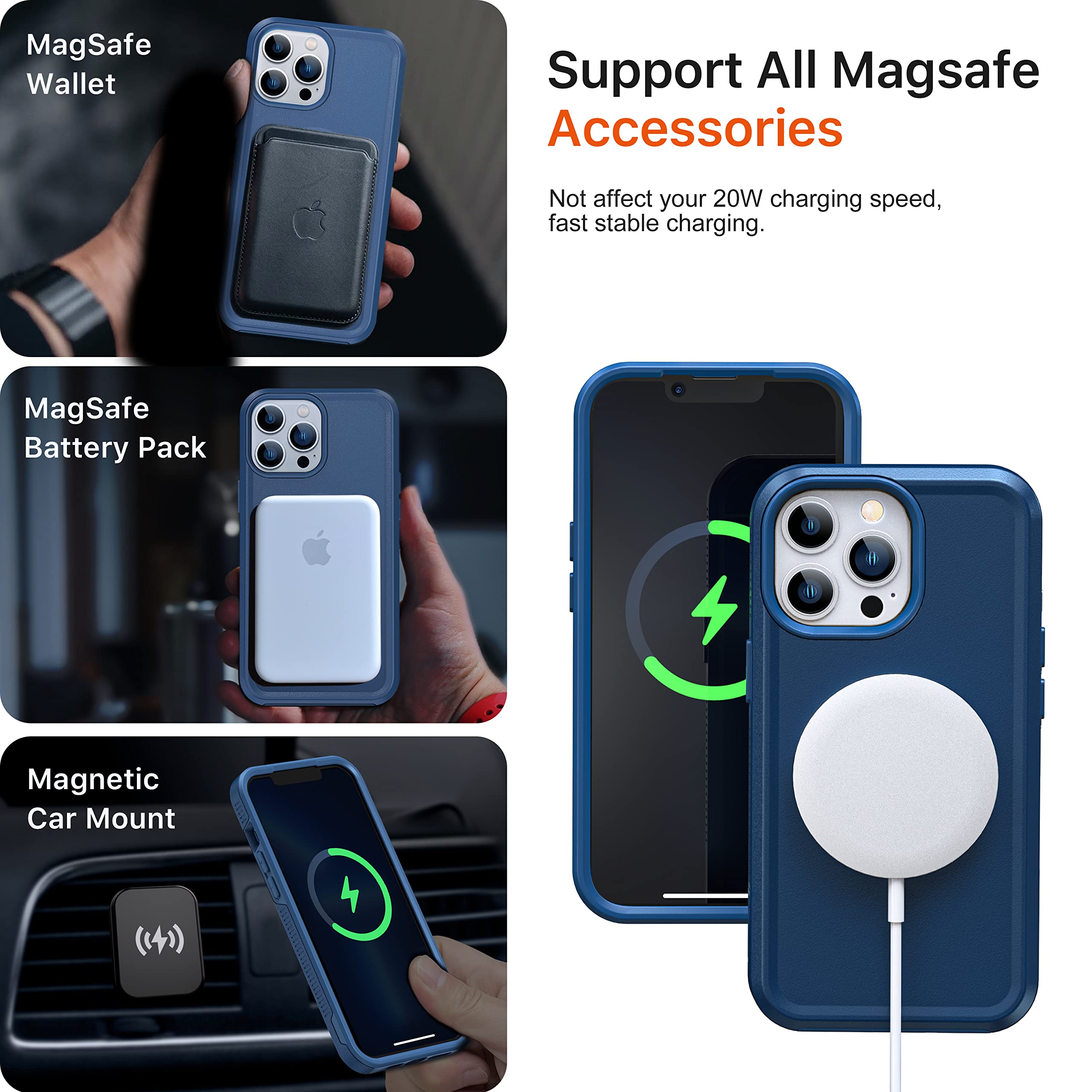 Shockproof Magnetic Case for iPhone 13 Pro Max with Tempered Glass Screen Protector & Camera Lens Cover | Magsafe Compatible | Heavy Duty Rugged Protection for Outdoor, Work & Travel