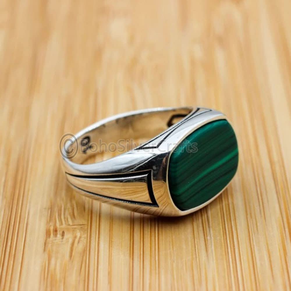 925 Sterling Silver Malachite Ring for Men - Natural Green Stone Signet Ring, Ottoman & Western Style Vintage Mens Jewelry - Perfect Gift for Him, Wedding, Anniversary & Special Occasions