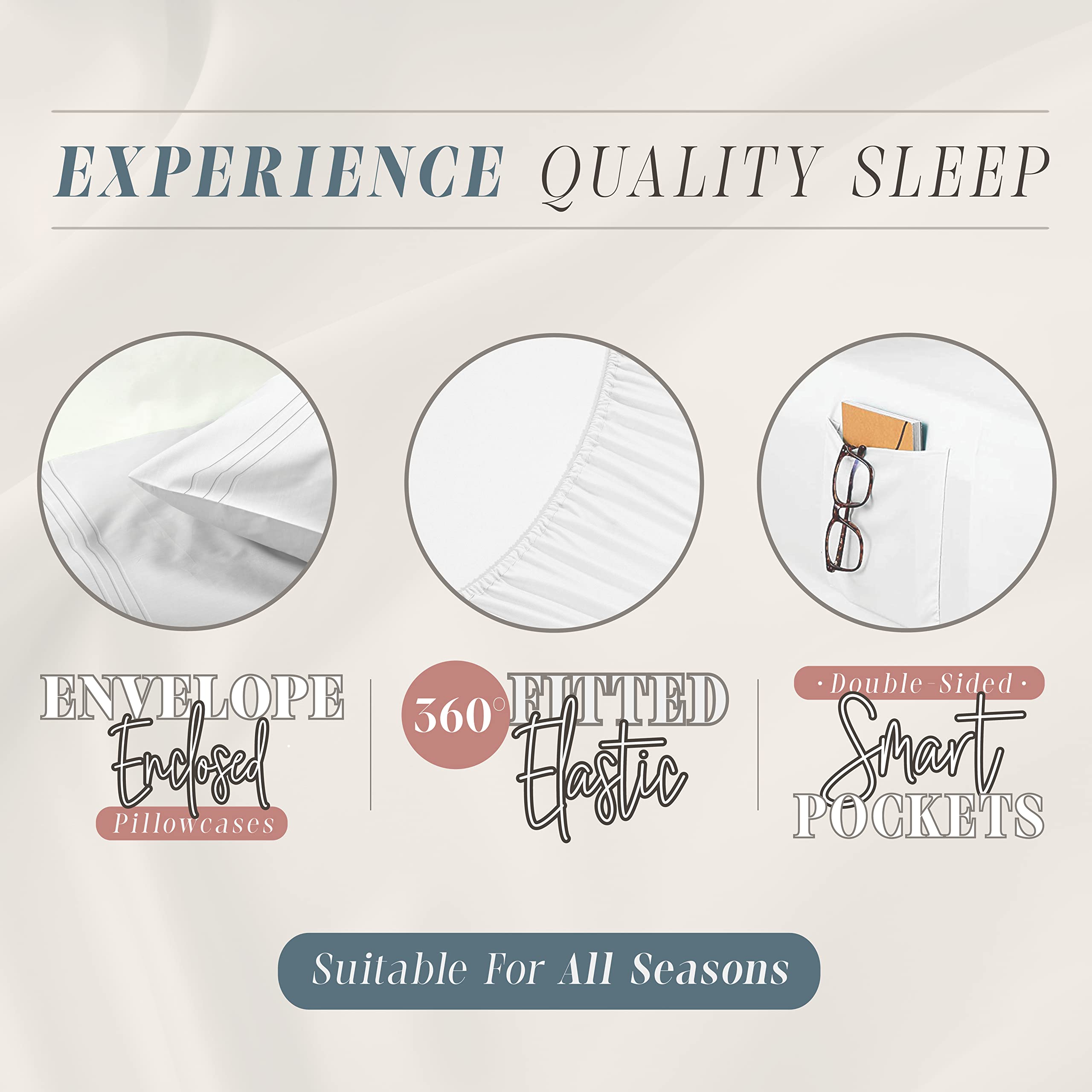Luxury 1500 Thread Count Queen Sheet Set - 4 Piece Soft & Wrinkle-Free Hotel Quality Bedding with Side Pockets - Perfect for Master Bedroom, Guest Room & Vacation Homes - White