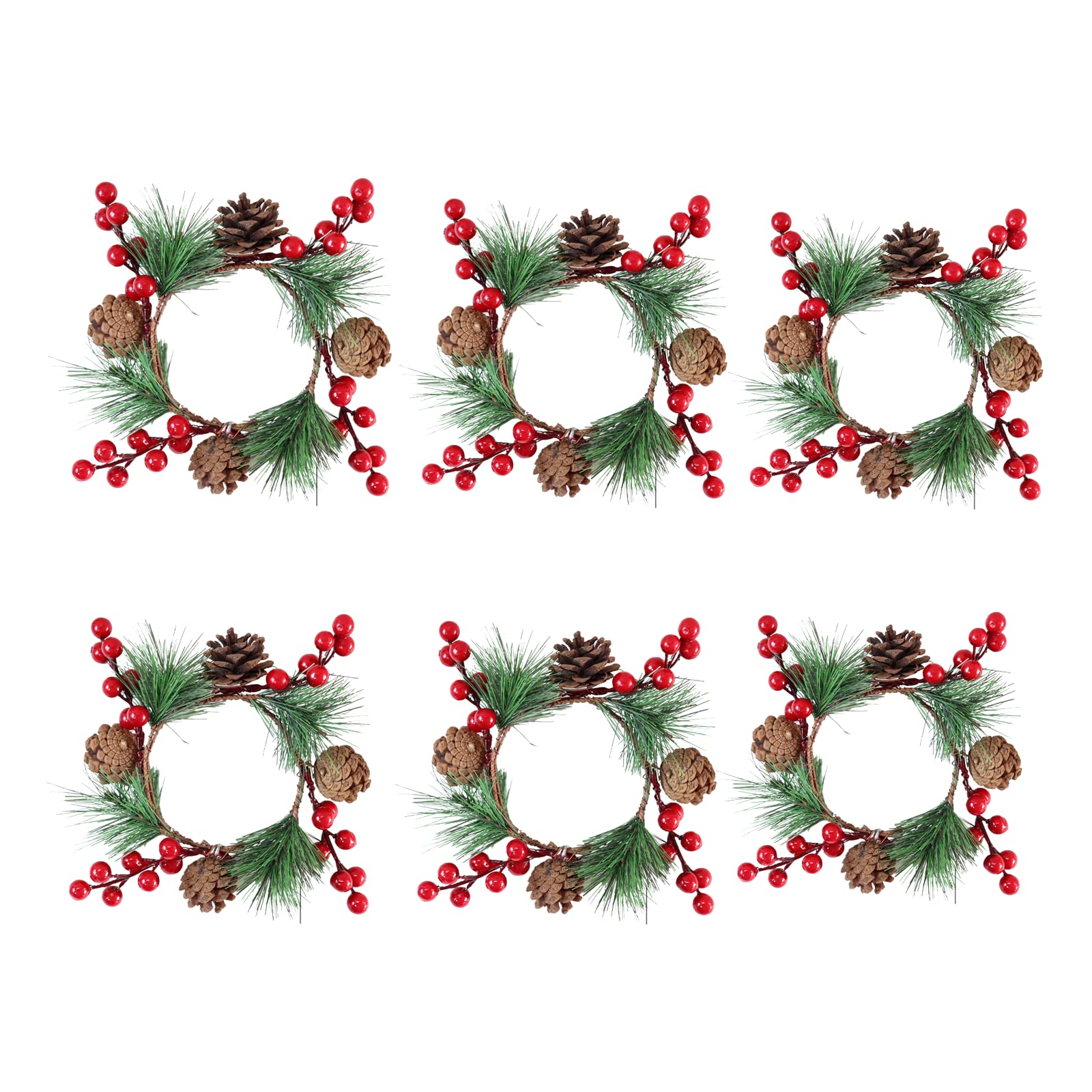 Firlar 6Pcs Christmas Candle Rings - 3.5 Inch Red Berry Pinecone Wreath Garland, Tea Light Holder Rings for Holiday Wedding Table Decor - Perfect for Christmas Trees, Fireplace Mantels & Dining Table Centerpieces