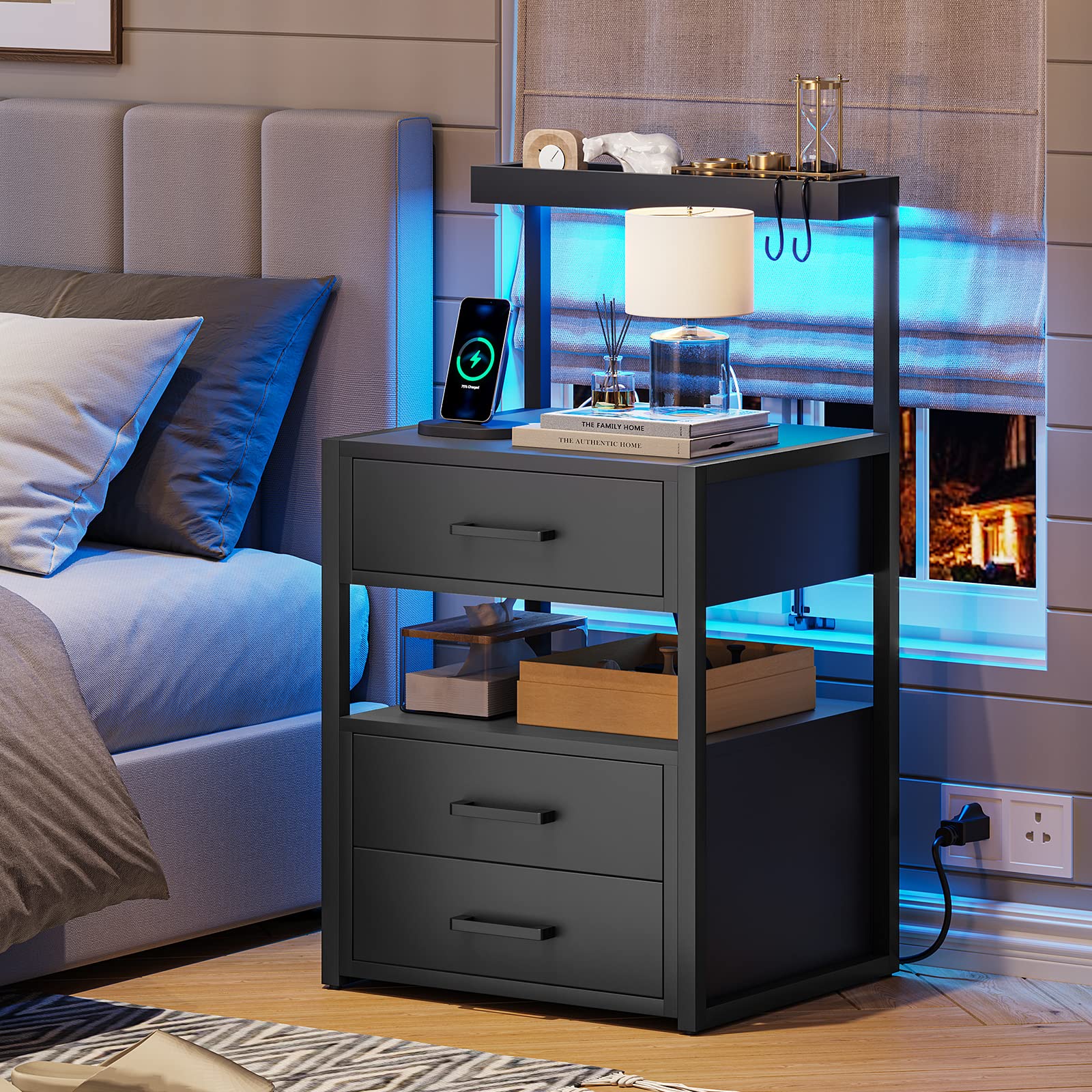 Modern LED Nightstand with USB & AC Charging - 3 Drawers & Open Storage for Bedroom