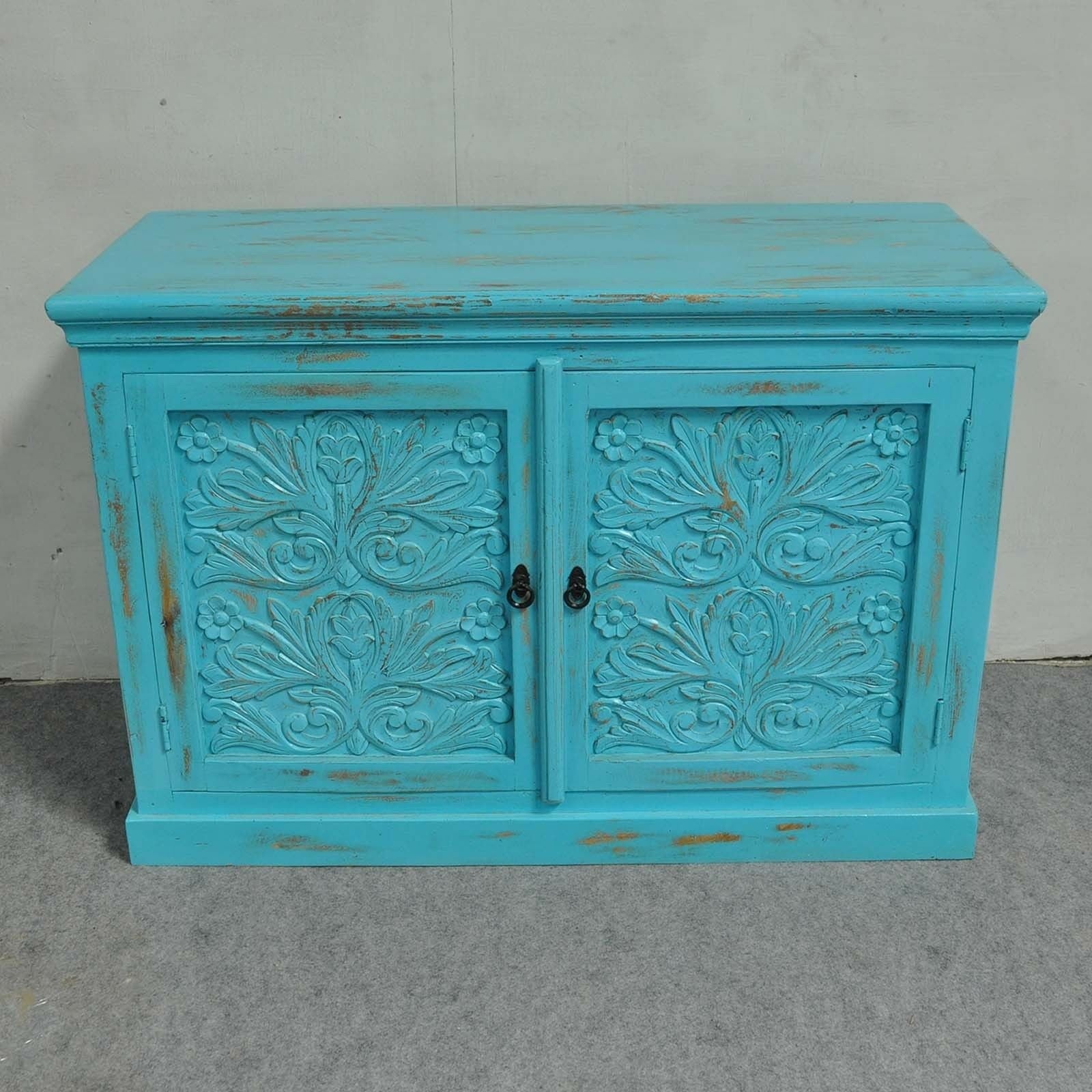 Vintage Floral Carved Solid Wood Sideboard Buffet Cabinet - Light Blue Distressed Finish for Farmhouse, Cottage & Shabby Chic Home Decor
