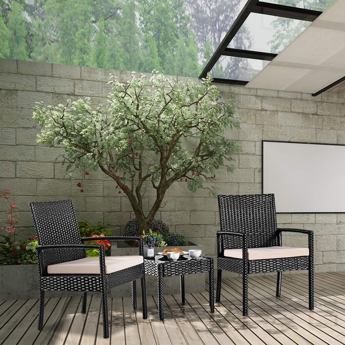 Casart 3-Piece Rattan Conversation Set - Outdoor Wicker Patio Furniture with Cushioned Seats & Tempered Glass Table - Perfect for Bistro, Garden, Backyard, Poolside & Patio Relaxation