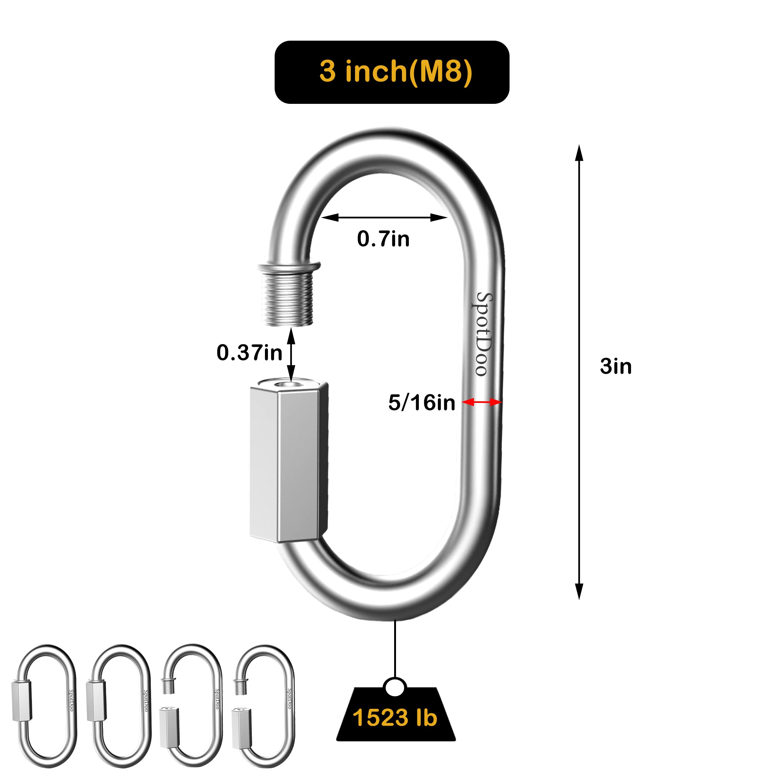 3 Inch Stainless-Steel Chain Quick Links - 4 Pack 5/16 Inch Heavy Duty Locking Carabiners (1520 Lbs Capacity) for Hammocks, Camping, Swings, Outdoor Gear - Perfect for Backpacking, Rock Climbing, Pet Leashes & Marine Applications