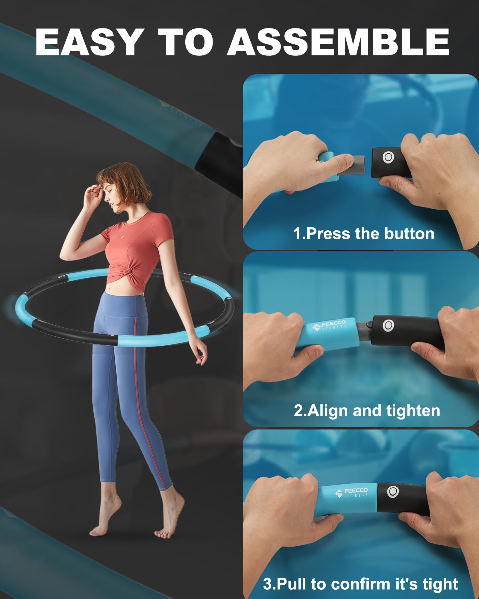 FEECCO Weighted Fitness Hula Hoop - 8 Detachable Sections for Weight Loss & Core Workout - Perfect for Home Gym, Outdoor Exercise & Toning Abs, Waist, Hips - Adjustable Weight for Beginners & Advanced Users