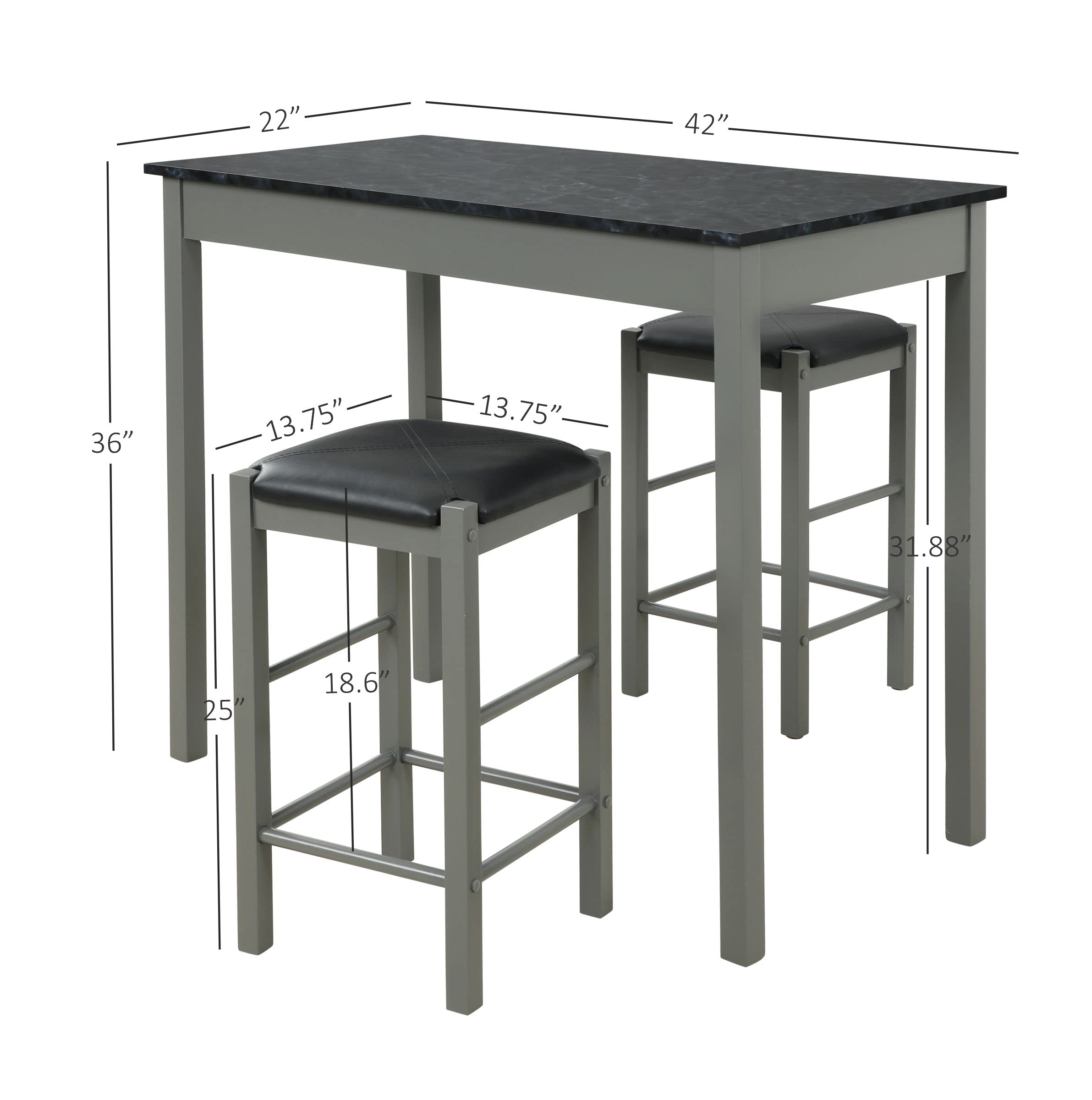 Linon Grey and Faux Marble 3-Piece Tavern Set - Bar Height Table with 2 Stools for Kitchen, Dining Room, or Pub Decor