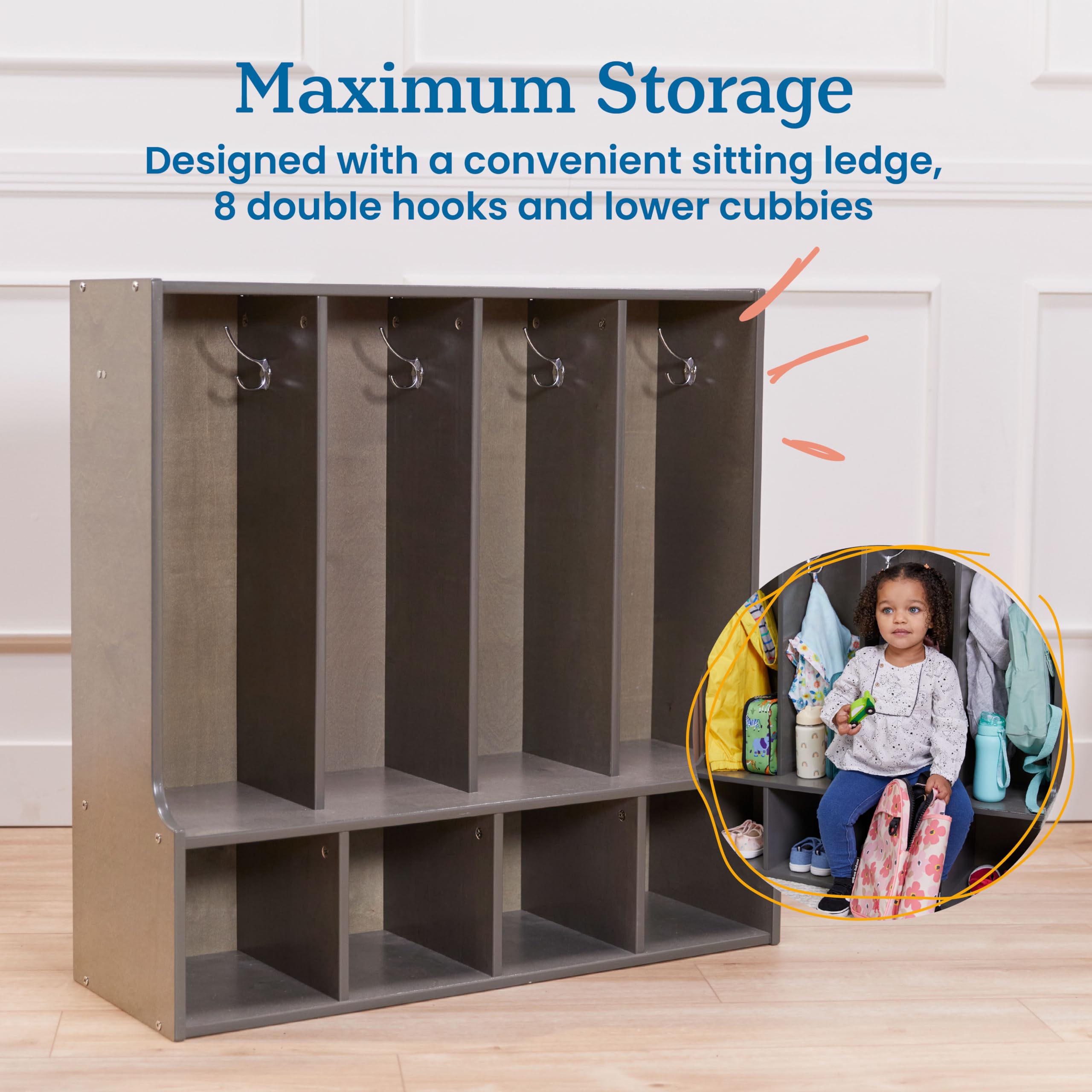 ECR4Kids Streamline 4-Section Coat Locker with Bench - Toddler Size Kids Furniture in Grey Wash - Perfect for Preschools, Daycares & Home Entryway Organization