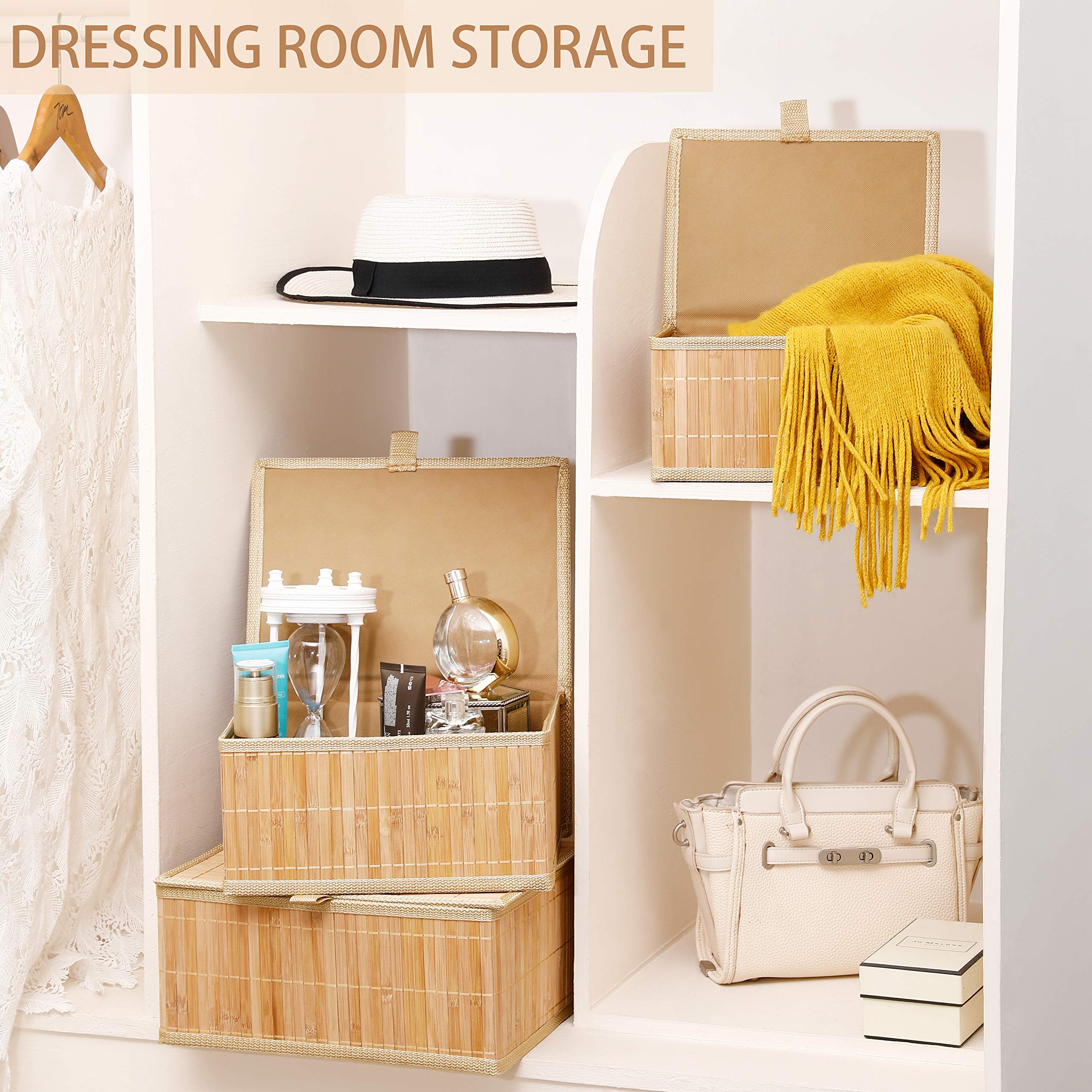 Honygebia Set of 3 Bamboo Storage Baskets with Lids - Woven Lined Decorative Organizer Boxes for Home, Kitchen, Shelf | Beige Wicker Baskets for Home Decor, Pantry Organization & Gift Wrapping Storage