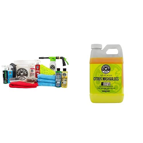 Chemical Guys 16-Piece Car Wash Kit with Foam Gun, Bucket & 6 Car Care Chemicals (16 oz Each) - Includes Citrus Wash & Gloss Foaming Soap (64 oz) - Works with Garden Hose - Perfect for Home Car Detailing & Professional Auto Cleaning