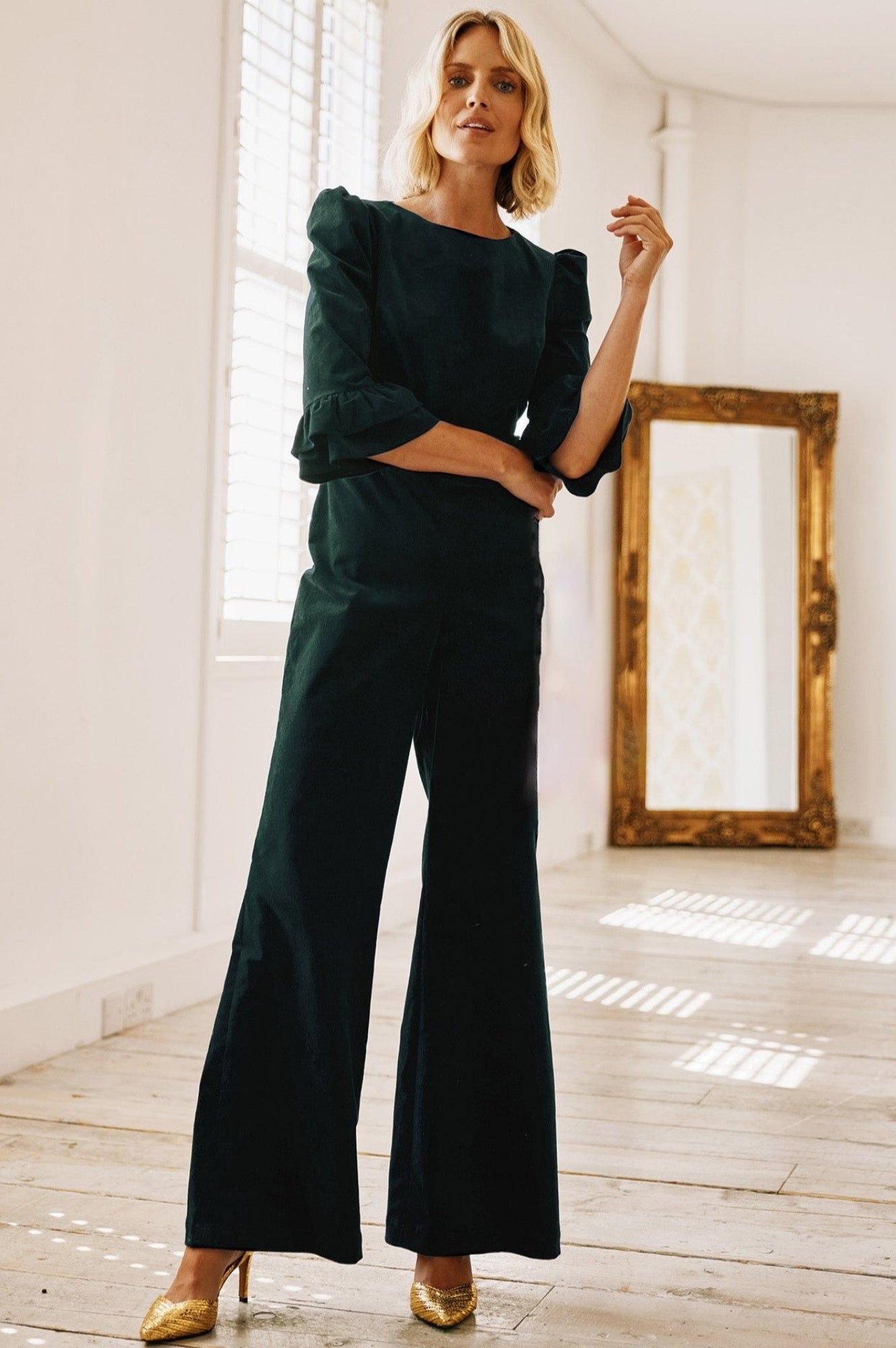 Victoria Women's 3/4 Sleeve Stretch Corduroy Jumpsuit in Bottle Green | Comfortable Casual Romper for Fall & Winter | Perfect for Office, Date Night and Weekend Outings