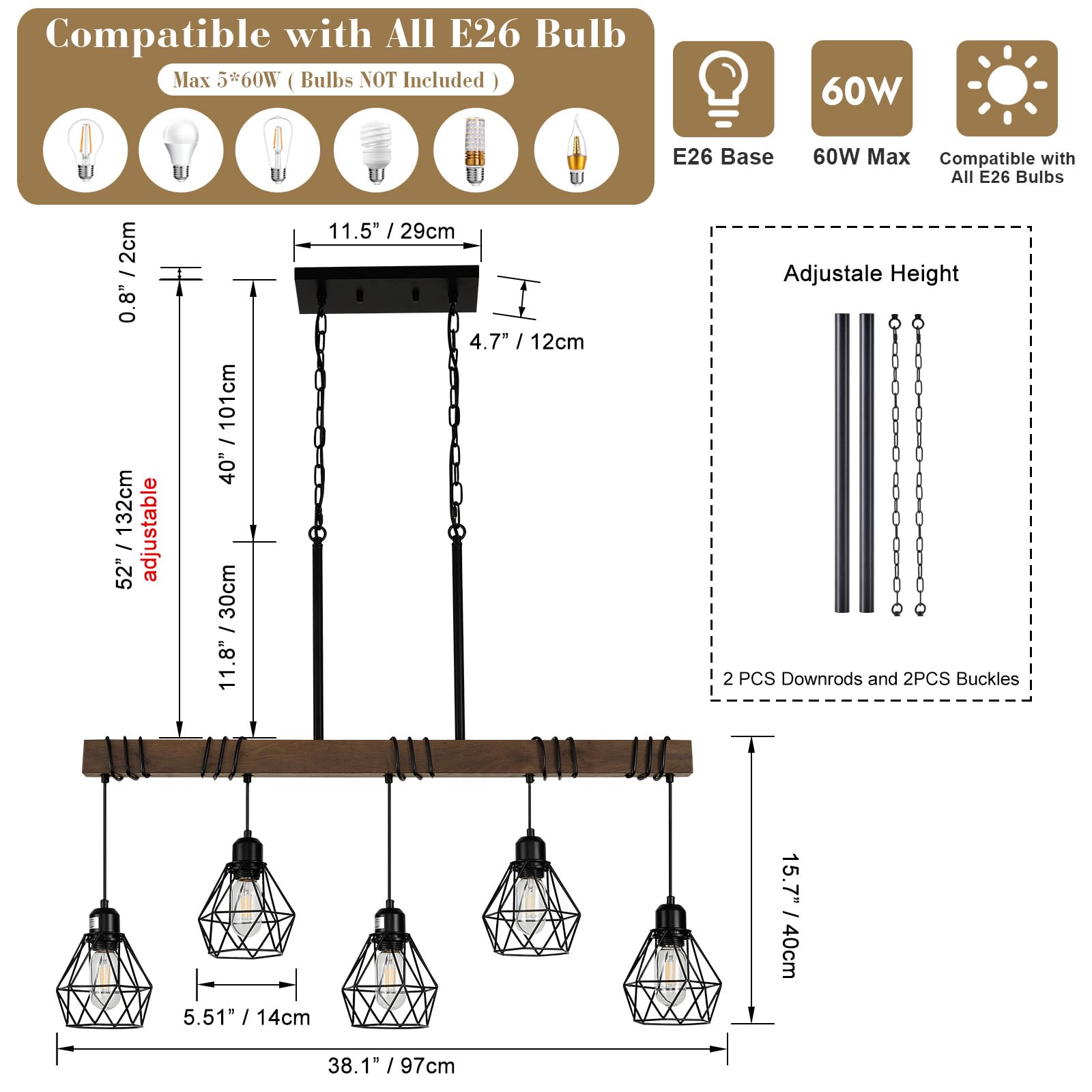 5-Light Farmhouse Linear Chandelier - Matte Black Rustic Wood Ceiling Pendant Light with Metal Lampshade for Kitchen Island, Dining Room Table | Modern Farmhouse Decor Lighting Fixture