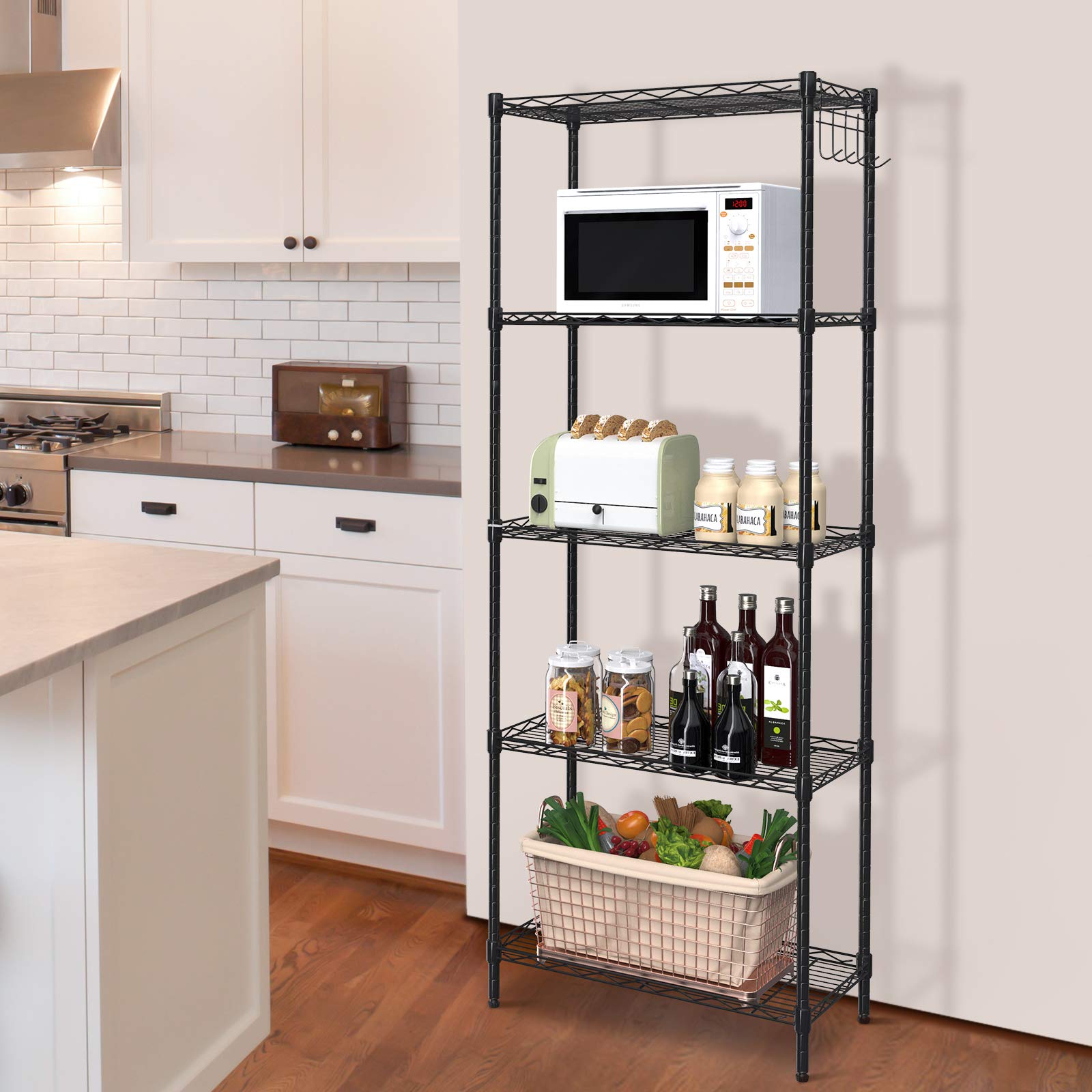 5-Tier Adjustable Wire Storage Shelf - Heavy Duty Metal Organizer Rack for Kitchen, Garage, Pantry & Closet - Black (21.3
