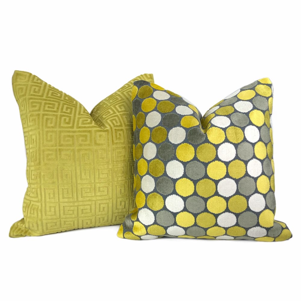 Kendall Yellow Gray White Large Polka Dot Velvet Pillow Cover - Soft Decorative Throw Pillow Case for Sofa, Bed, Couch & Home Decor