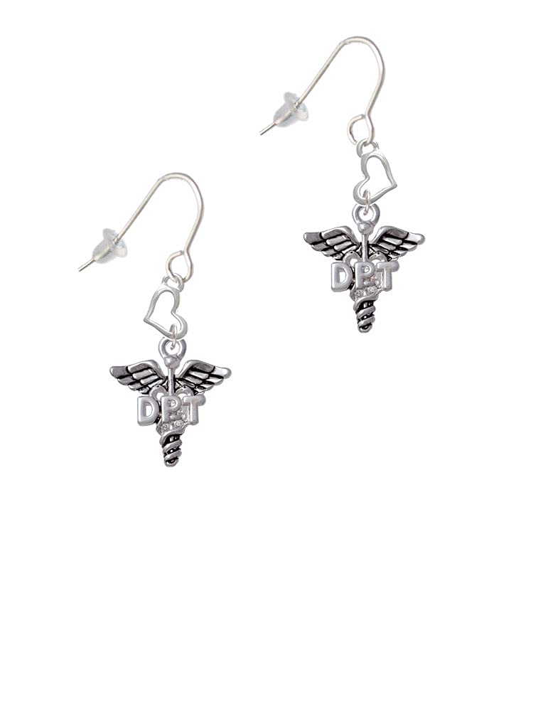 Silver Caduceus Heart Earrings for Therapists - French Hook Style