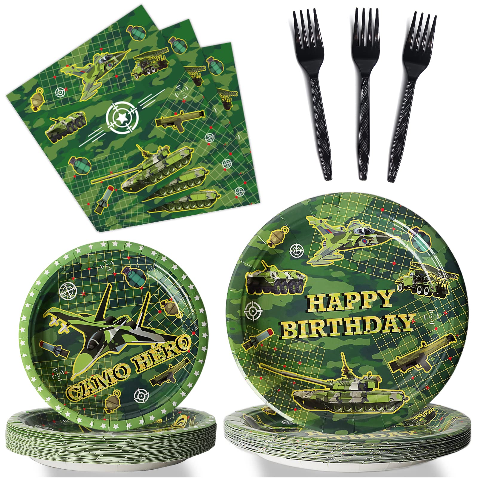96 Pcs Camo Birthday Party Plates & Napkins Set - Military Themed Tableware for 24 Guests - Army Soldier Camouflage Party Decorations - Perfect for Birthday, Baby Shower & Outdoor Camping Events