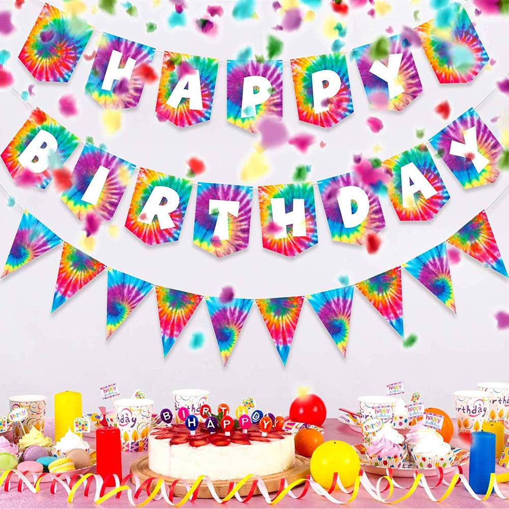 Colorful Tie Dye Happy Birthday Pennant Banner - Vibrant Party Decorations for Birthday & Art Themed Celebrations - Perfect for DIY Parties, Classroom Decor, and Festive Events