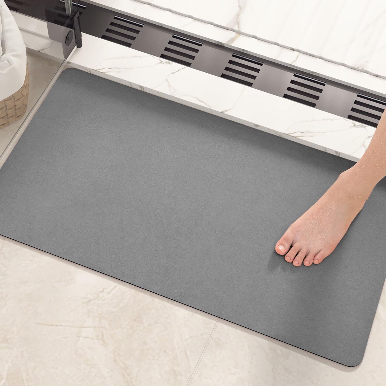 Super Absorbent Quick Dry Bathroom Rugs - 16x24 Inch Non-Slip Ultra Thin Bath Mat for Shower & Floor - Easy Clean Grey Geometric Design - Perfect for Bathrooms, Showers & Vanity Areas