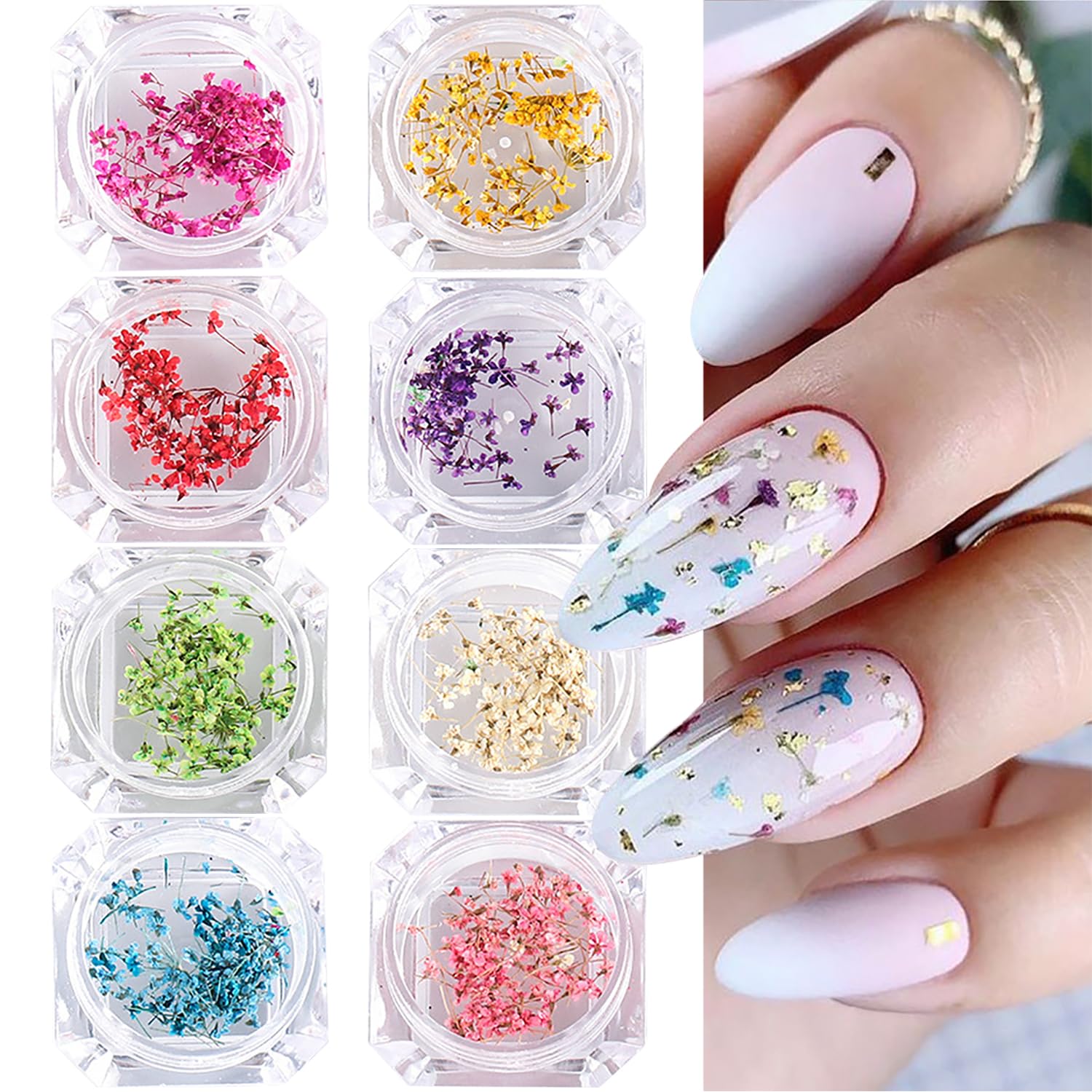 8 Boxes Mini Real 3D Dried Flowers for Nails - SILPECWEE Nail Stickers & Decorations | Manicure Design, DIY Craft Accessories | Perfect for Wedding, Party & Salon Nail Art