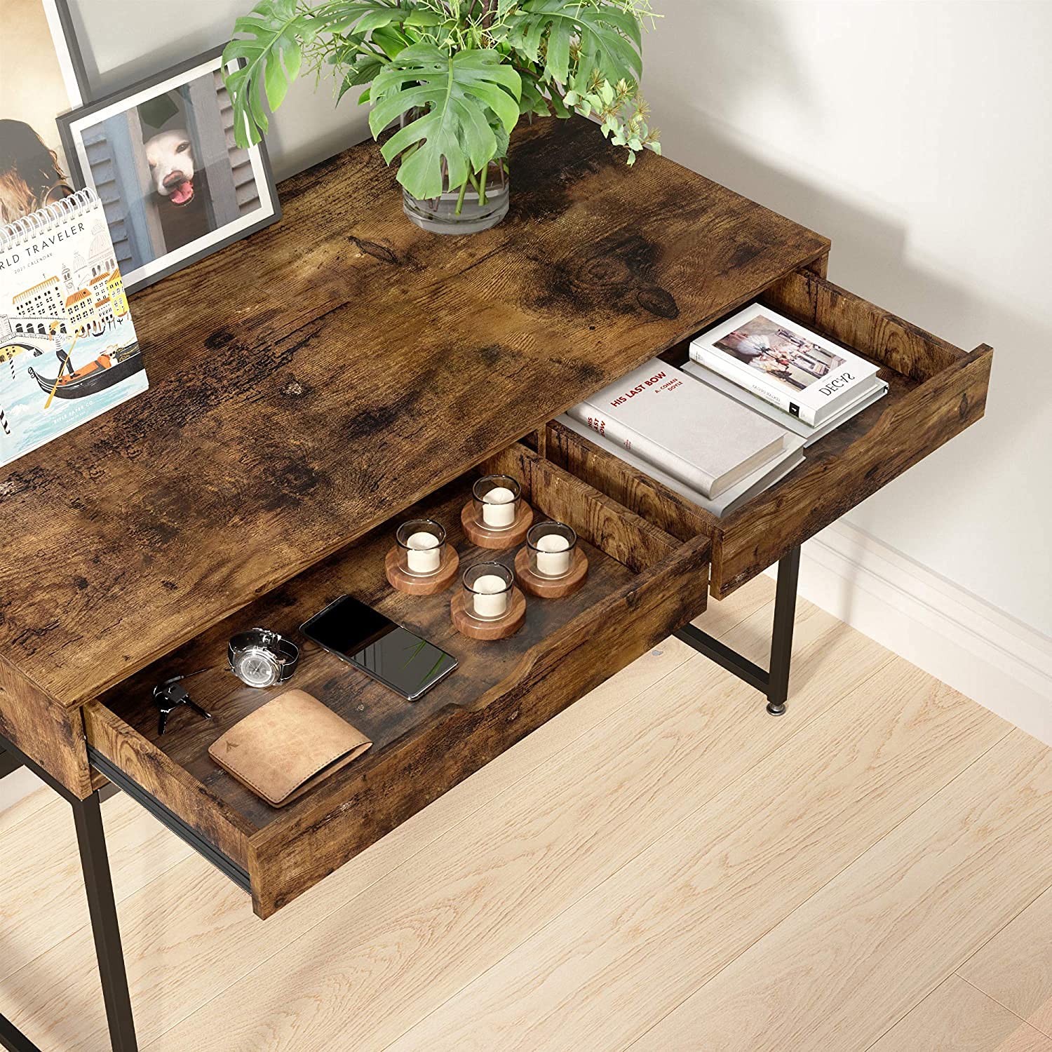 Bestier Small Rectangular Office Desk - Minimalist Writing Computer Workstation with 2 Large Drawers, Rustic Brown - Perfect for Home Office, Study Room & Vanity Makeup Area