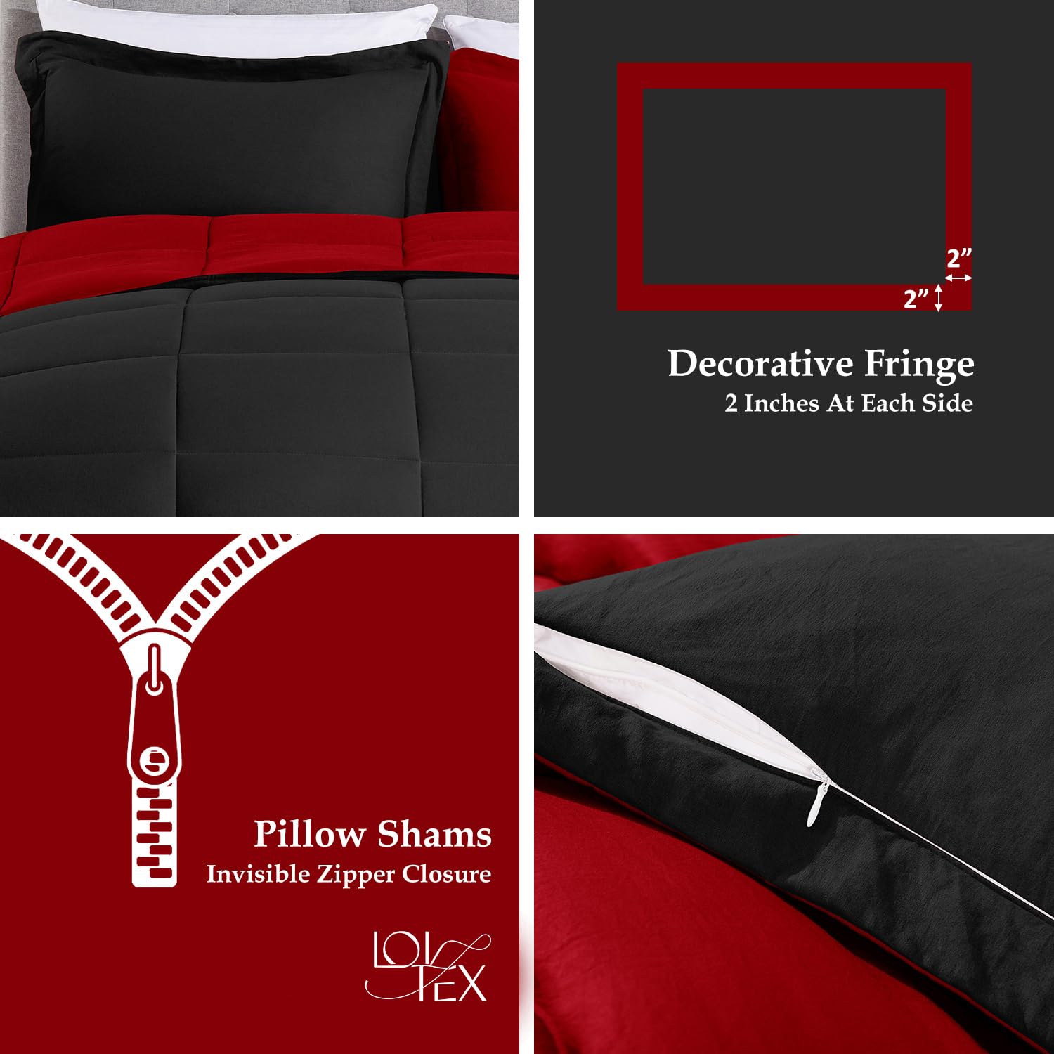 LOVTEX 3-Piece Queen Size Comforter Set - Ultra Soft Washed Microfiber Bedding, Reversible Black and Red Down Alternative Duvet Cover with 2 Pillow Shams - Perfect for Master Bedroom, Guest Room & Cozy Winter Nights (Red/Black)