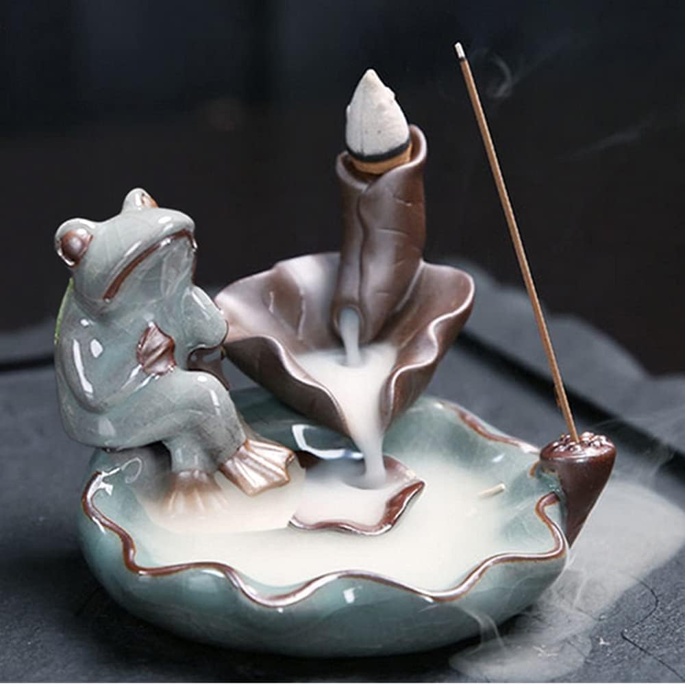 Ceramic Backflow Incense Burner with Waterfall Effect - Frog Shaped Lotus Censer for Aromatherapy, Home Decor, Office Desk | Relaxing Meditation, Yoga Room & Spa Decor Accessory