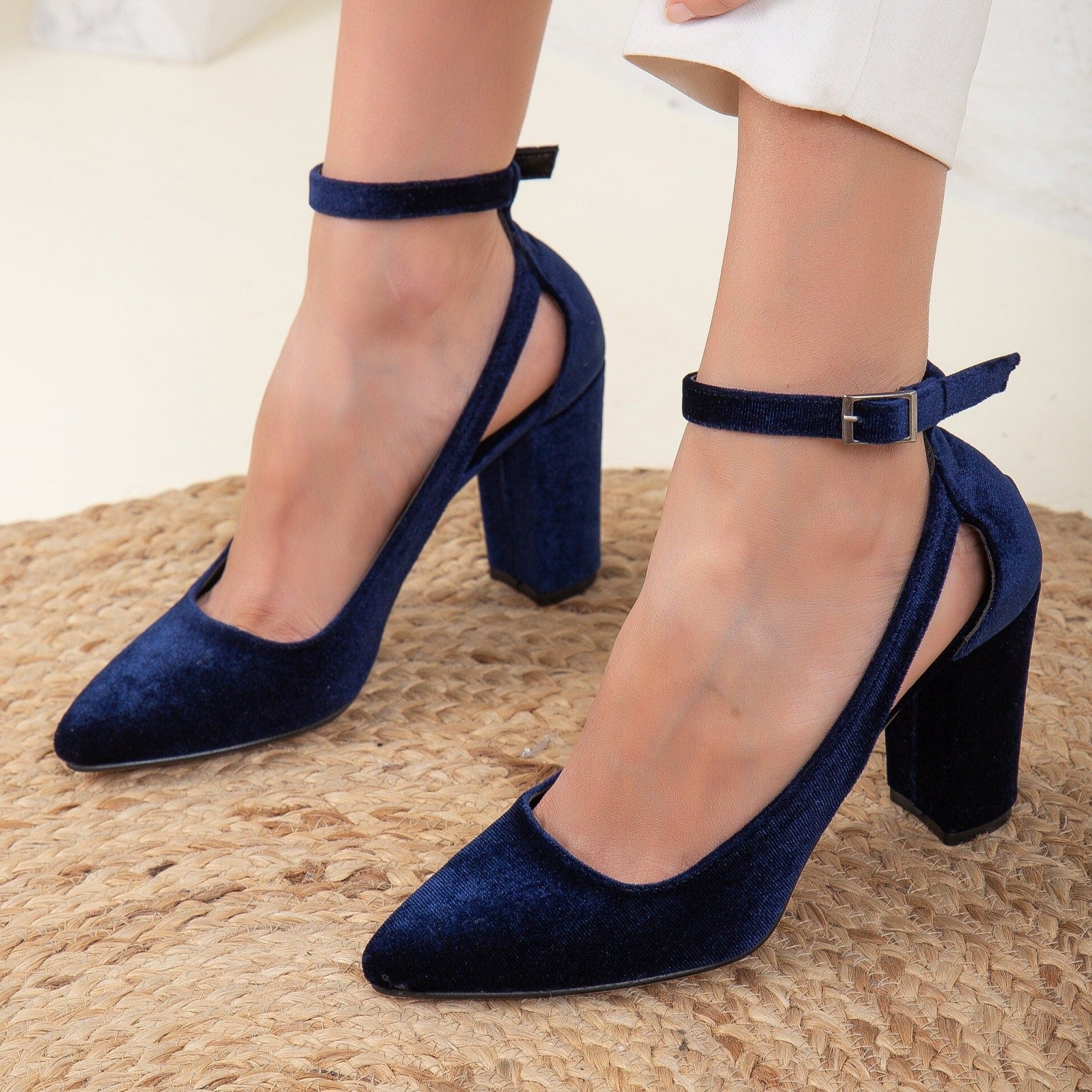 Colette Dark Blue Velvet Shoes for Women - Elegant & Comfortable Velvet Dress Shoes for Parties, Weddings & Special Occasions