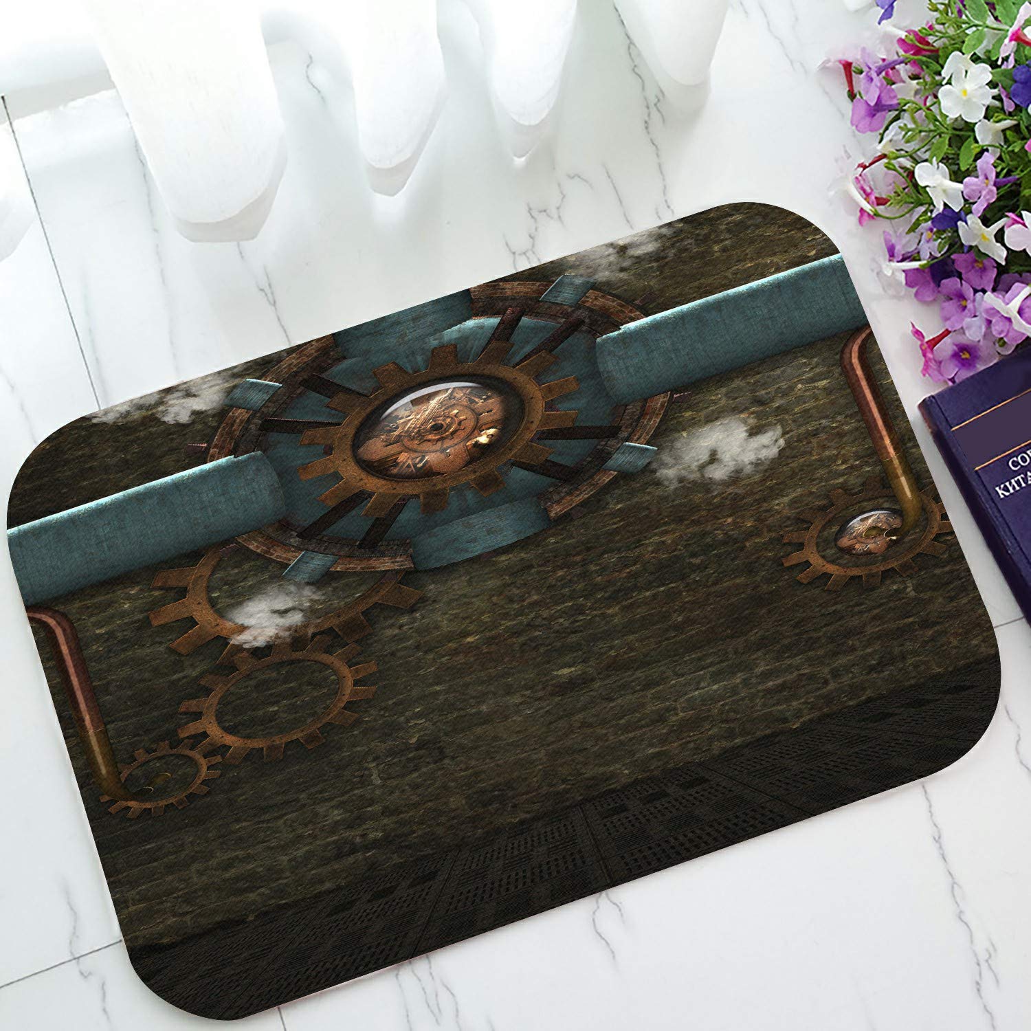 Steampunk Metal Gears & Pipes Welcome Doormat - 23.6x15.7 Inch Vintage Industrial Entrance Rug for Home Decor, Bath Mat, Floor Mats - Perfect for Gothic, Retro & Steampunk Themed Interiors