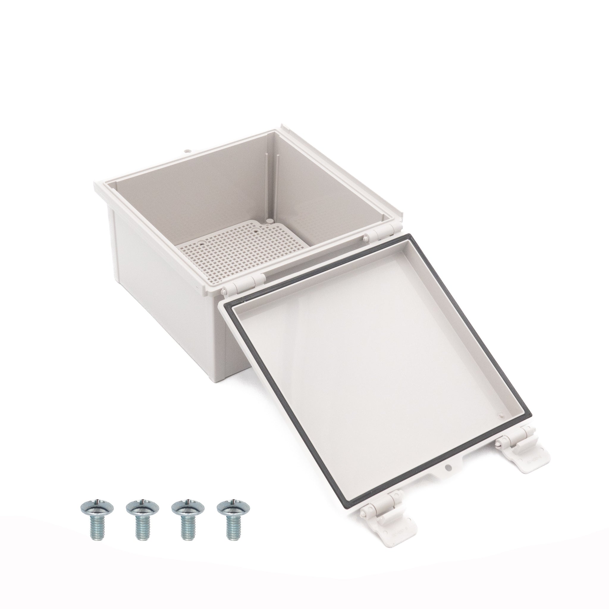 Boxco Q Series 8.27 x 8.27 x 5.12 Inches (210 x 210 x 130mm) Waterproof Plastic Enclosure - IP67 Rated, IK08 Impact Resistant, ABS Material, Grey Hinged Cover with Mounting Plate - Ideal for Outdoor Electronics, Industrial Control Boxes & DIY Projects