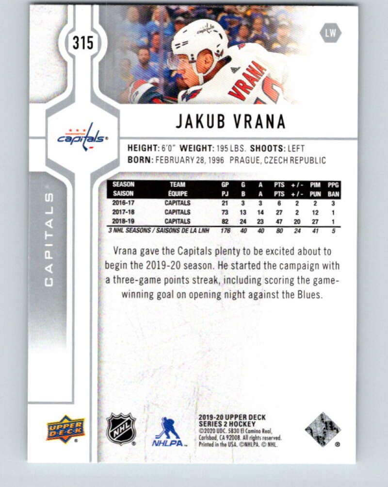 2019-20 Upper Deck #315 Jakub Vrana Washington Capitals Hockey Card - NHL Collectible for Fans & Trading Card Enthusiasts - Perfect for Sports Memorabilia Collections & Game Room Displays