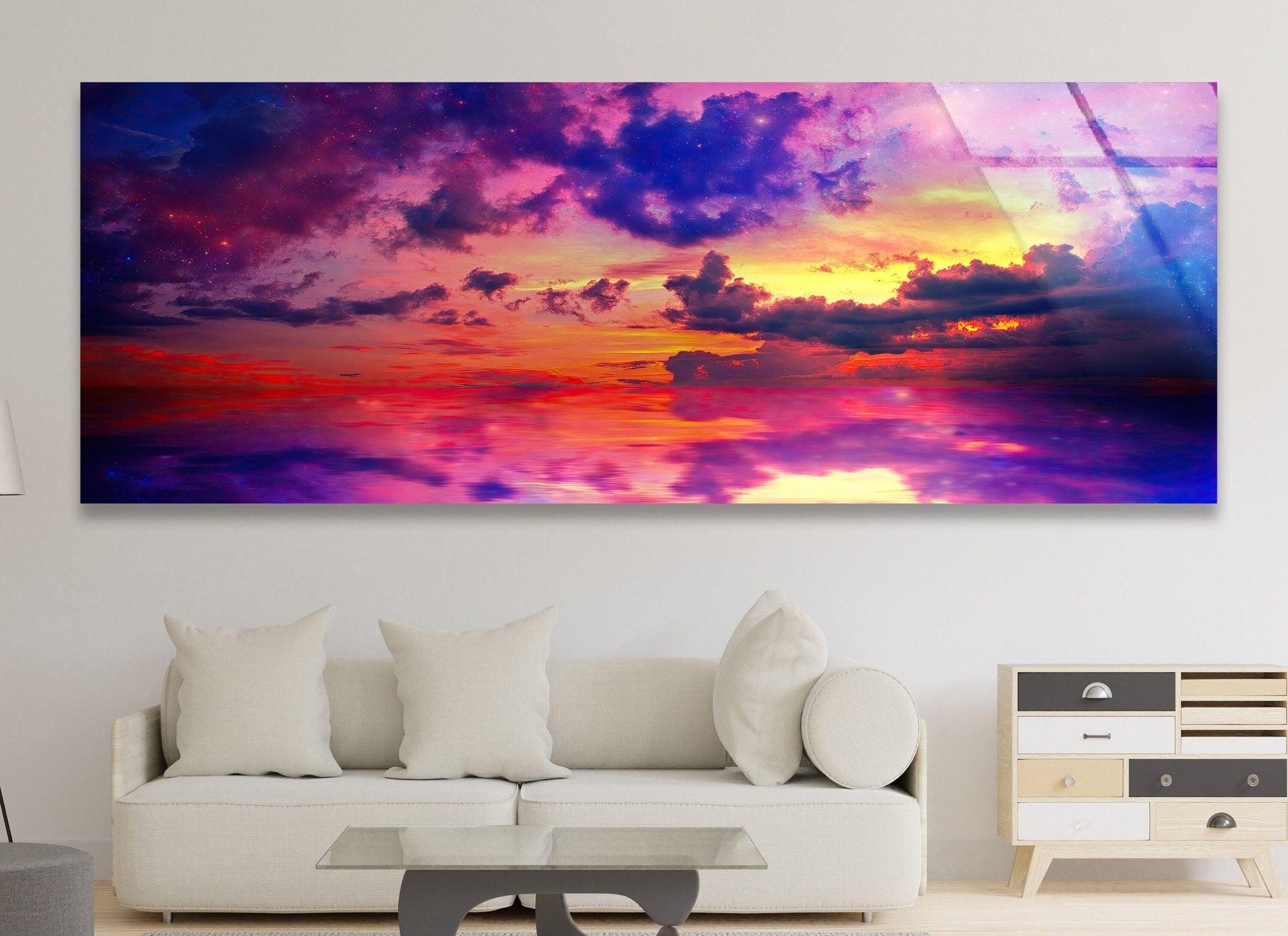 Abstract Vivid Sunset Sky Glass Wall Art - Modern Home Decor for Living Room, Bedroom & Office - Stunning Handmade Glass Painting for Wall Display