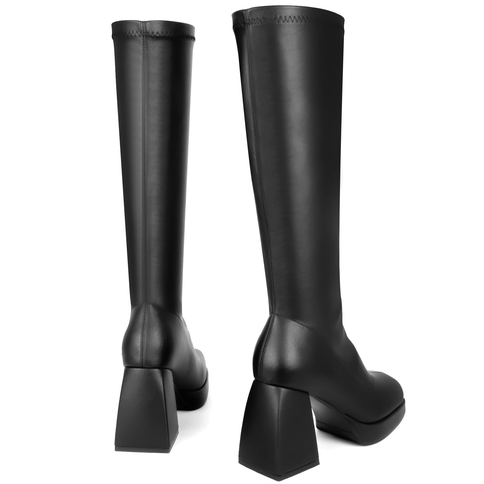 SOVANYOU Women's Black Leather Platform Boots - Square Toe Chunky Block Heel Ankle Boots for Casual Wear, Night Out & Fall Fashion