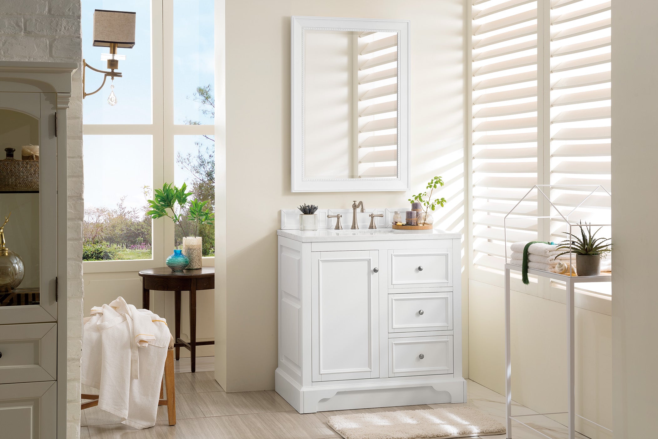 De Soto 36 Inch Single Bathroom Vanity with Arctic Fall Solid Surface Top - Bright White Finish for Modern Bathrooms | Perfect for Small Spaces, Guest Bathrooms & Home Renovations