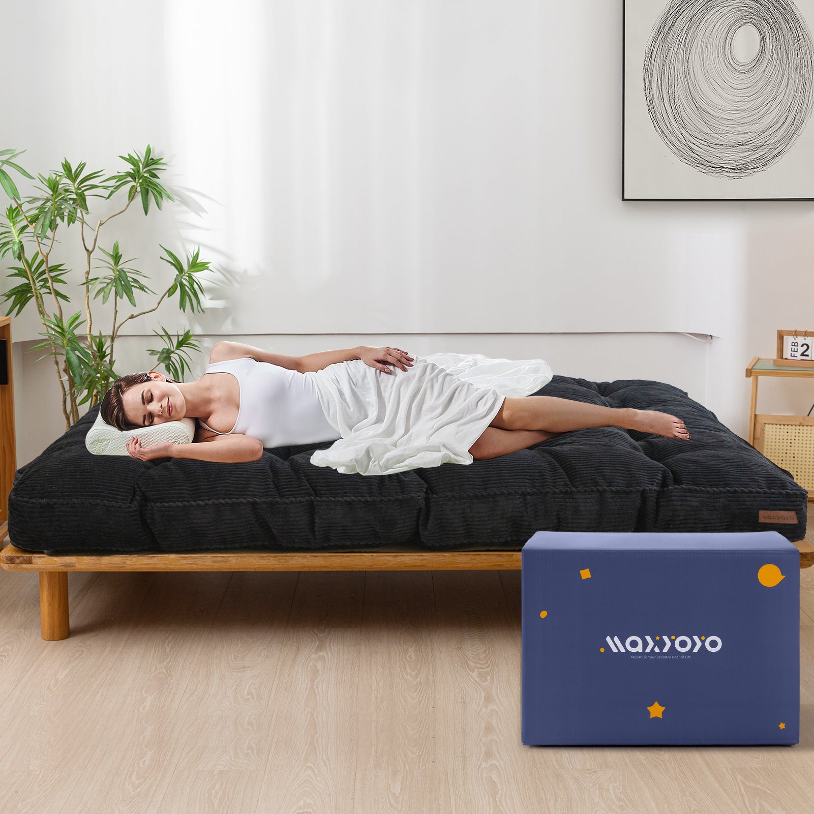 MAXYOYO 6-Inch Tufted Futon Sofa Couch Bed - Thick Corduroy Fabric Floor Futon Mattress for Adults (Mattress Only) in Black - Perfect for Small Spaces, Guest Rooms & Dorm Rooms