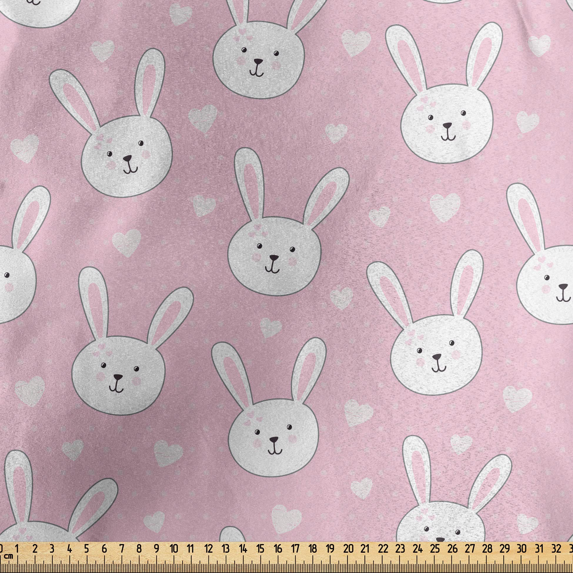 Lunarable Pale Pink Satin Fabric by The Yard - Easter Themed Cartoon Rabbits with Hearts & Dots Print - 10 Yards for Home Decor, DIY Crafts, Quilting & Sewing Projects (Pale Pink & White)