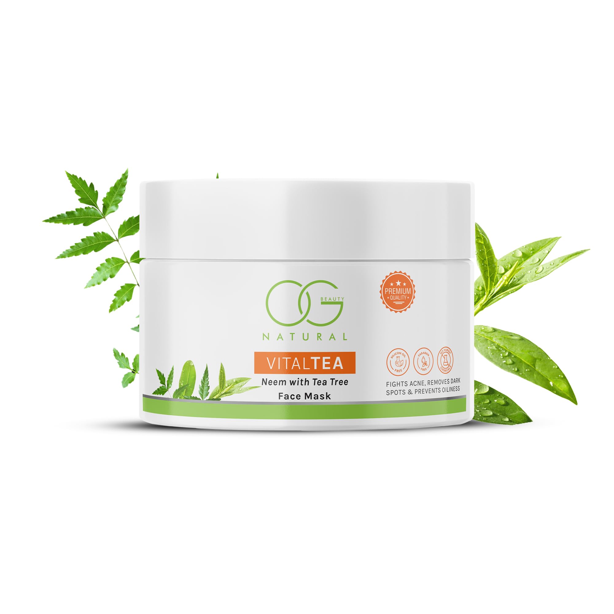 OG BEAUTY Natural VitalTea Neem & Tea Tree Face Mask - Acne Treatment for Oily Skin, Reduces Dark Spots & Blemishes | Antioxidant-Rich, Silicon Oil Free & Paraben Free | 125g | Perfect for Daily Skincare Routine & Spa Nights