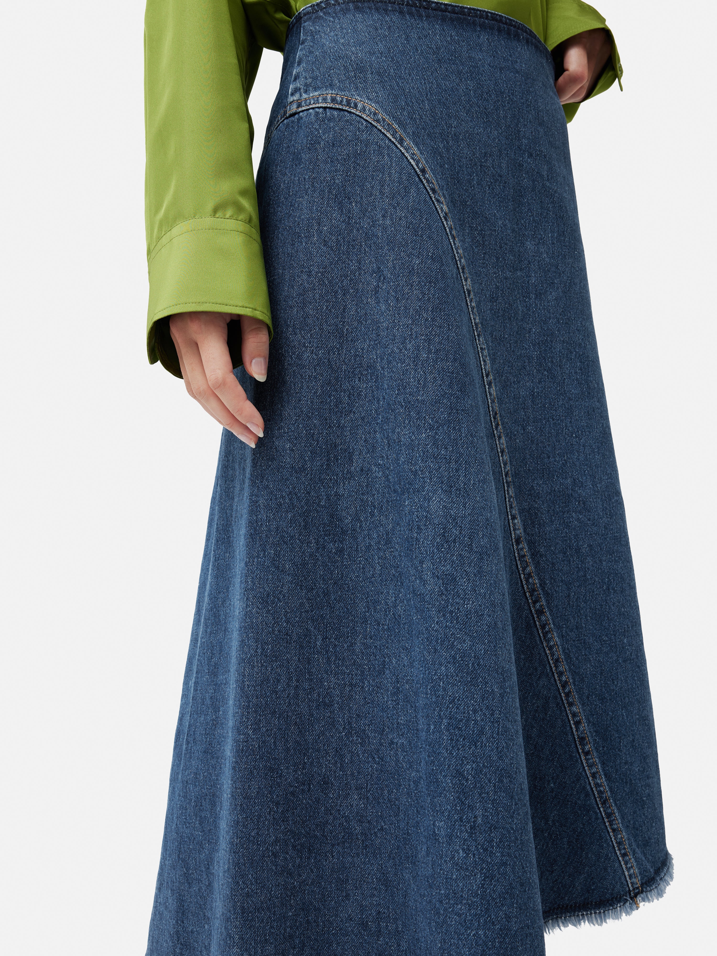 Distressed Denim Midi Skirt for Women - Vintage Indigo Blue Washed High Waist A-Line Skirt | Perfect for Casual Outfits, Street Style & Boho Fashion