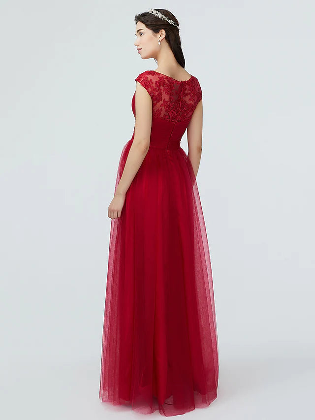 Elegant A-Line Bridesmaid Dress with V-Neck & Short Sleeves - Sparkle & Shine Floor-Length Lace Tulle Gown with Pleats | Perfect for Weddings, Formal Events & Special Occasions