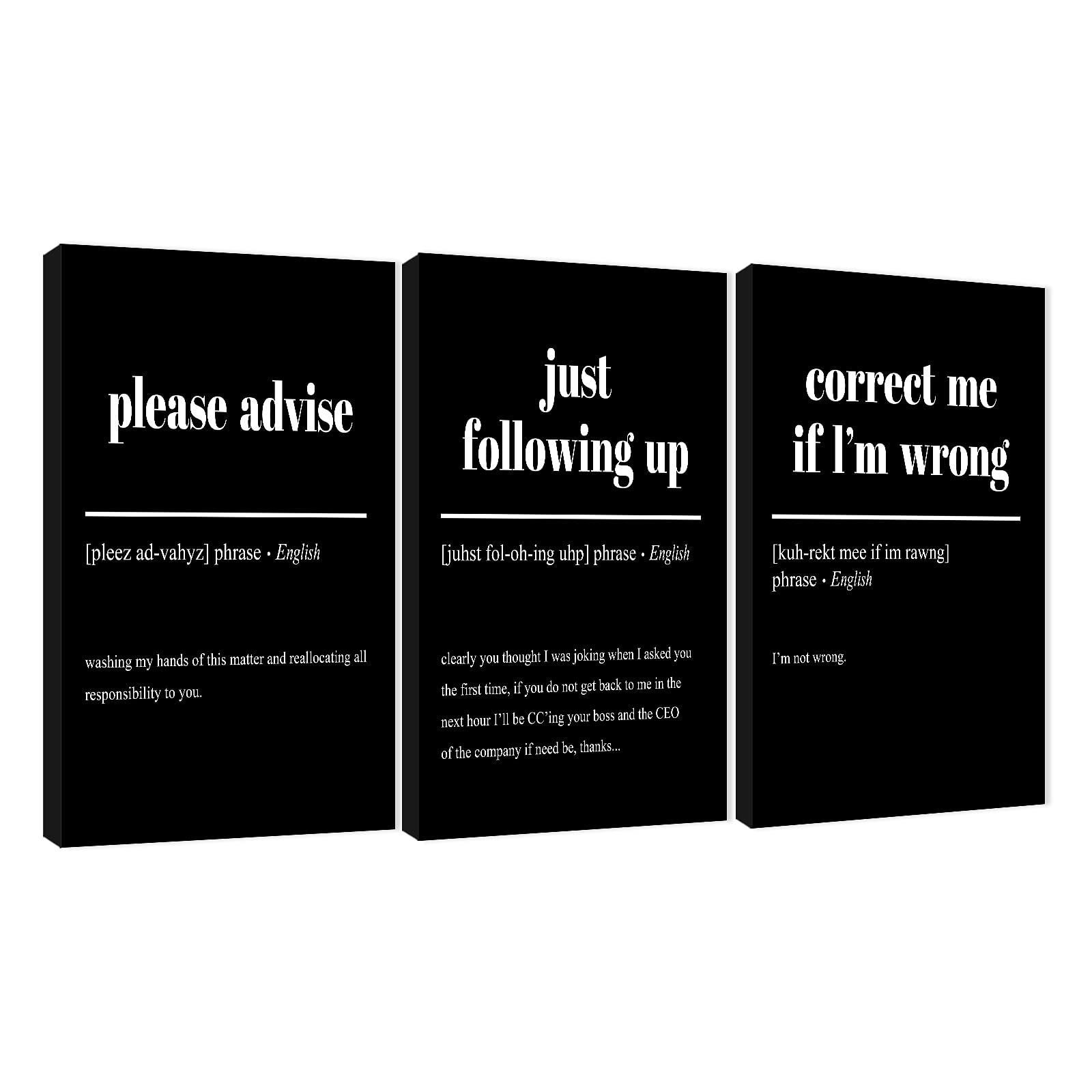 3-Piece Motivational Canvas Wall Art for Office Decor - Inspirational Black & White Framed Prints with Positive Quotes (24
