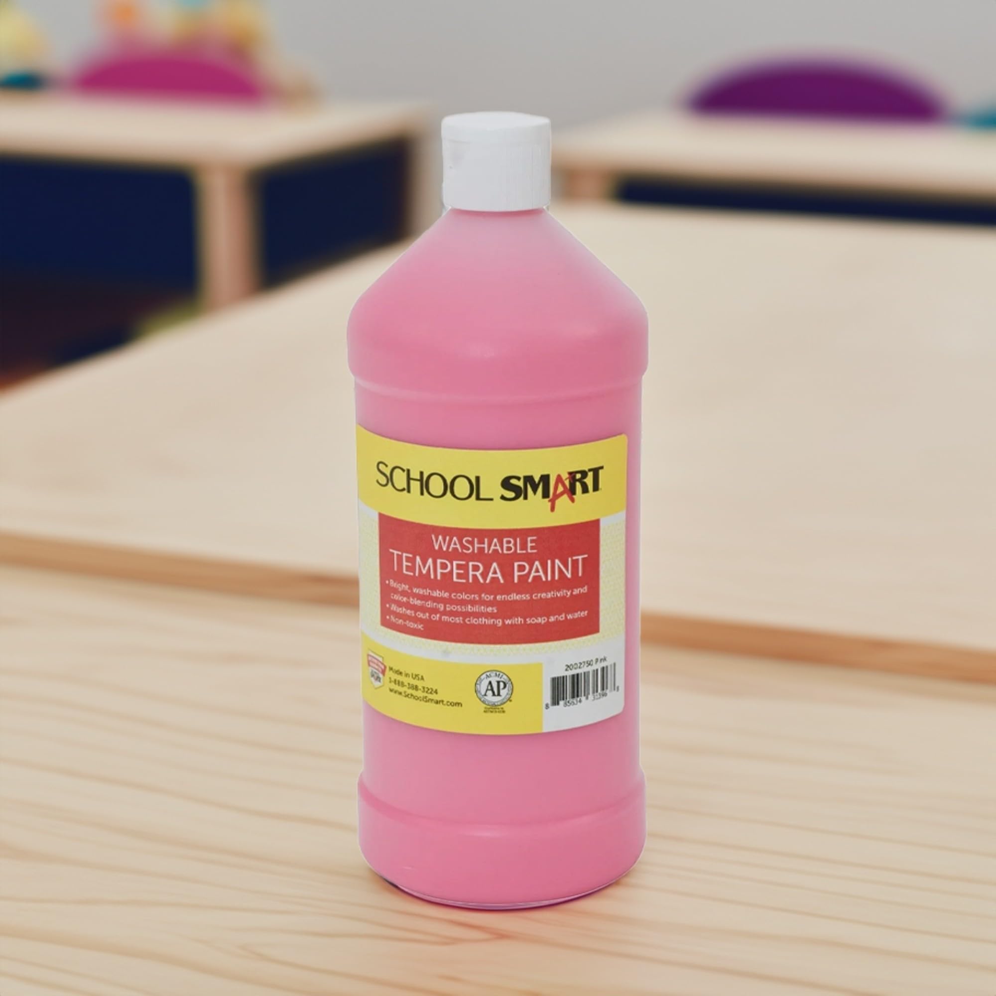 School Smart Washable Tempera Paint - Non-Toxic Pink Paint for Kids, 1 Quart Bottle - Perfect for Classroom Art Projects & DIY Crafts