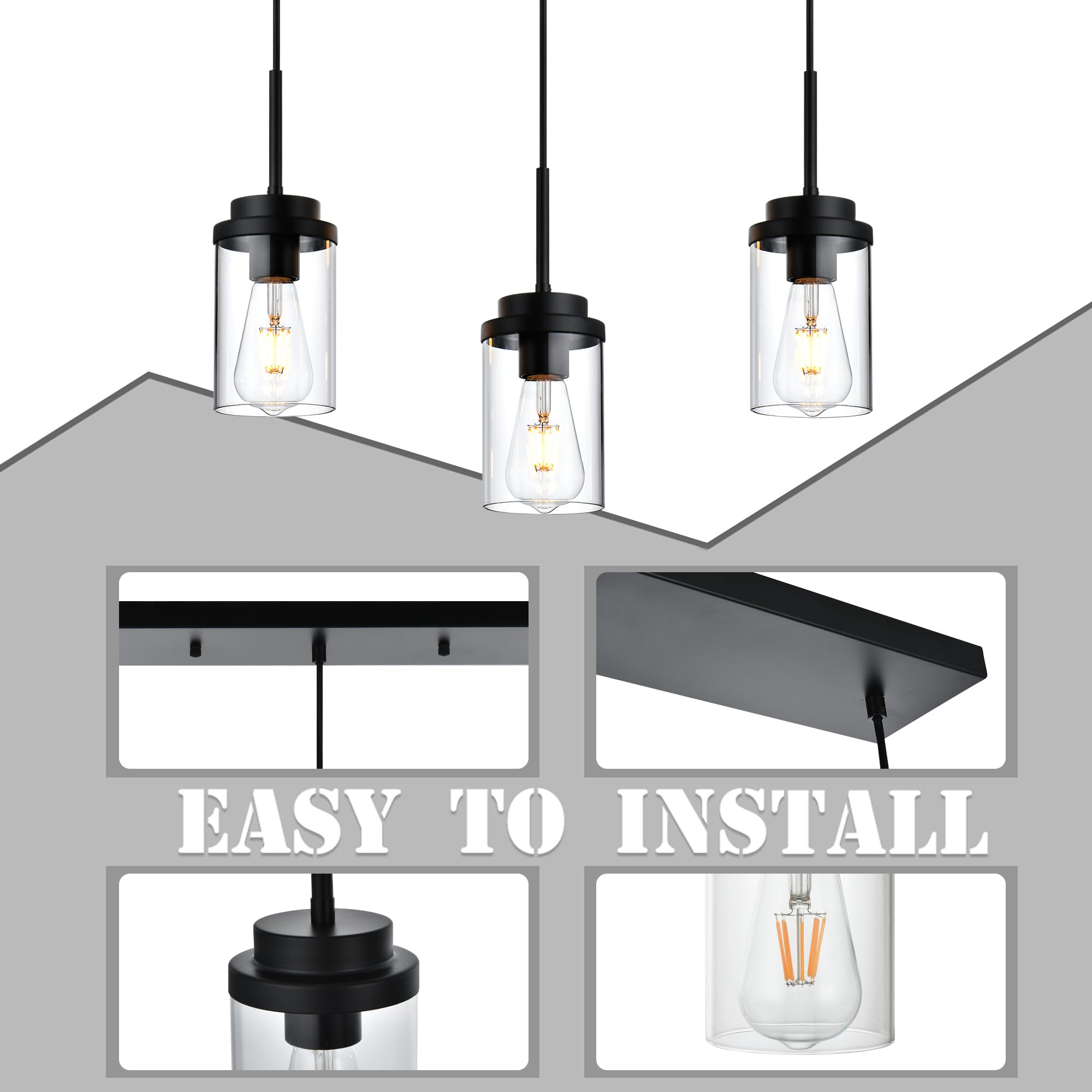 MELUCEE 3-Light Black Linear Chandelier - 20.5 Inch Modern Pendant Lighting for Kitchen Island, Dining Room, and Ceiling - Clear Glass Shade for Elegant Home Decor | Perfect for Contemporary Spaces and Open-Concept Living Areas