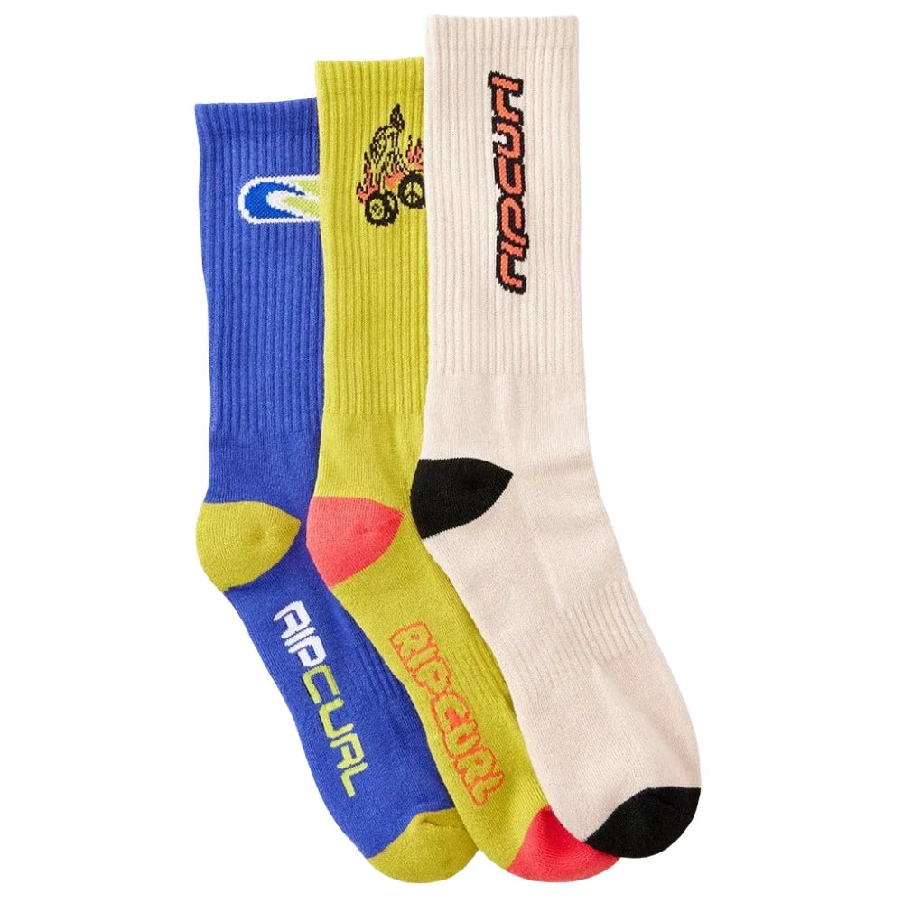 Rip Curl Men's Retro Crew Socks 3-Pack - Comfortable Casual & Athletic Socks for Surfing, Skateboarding & Everyday Wear