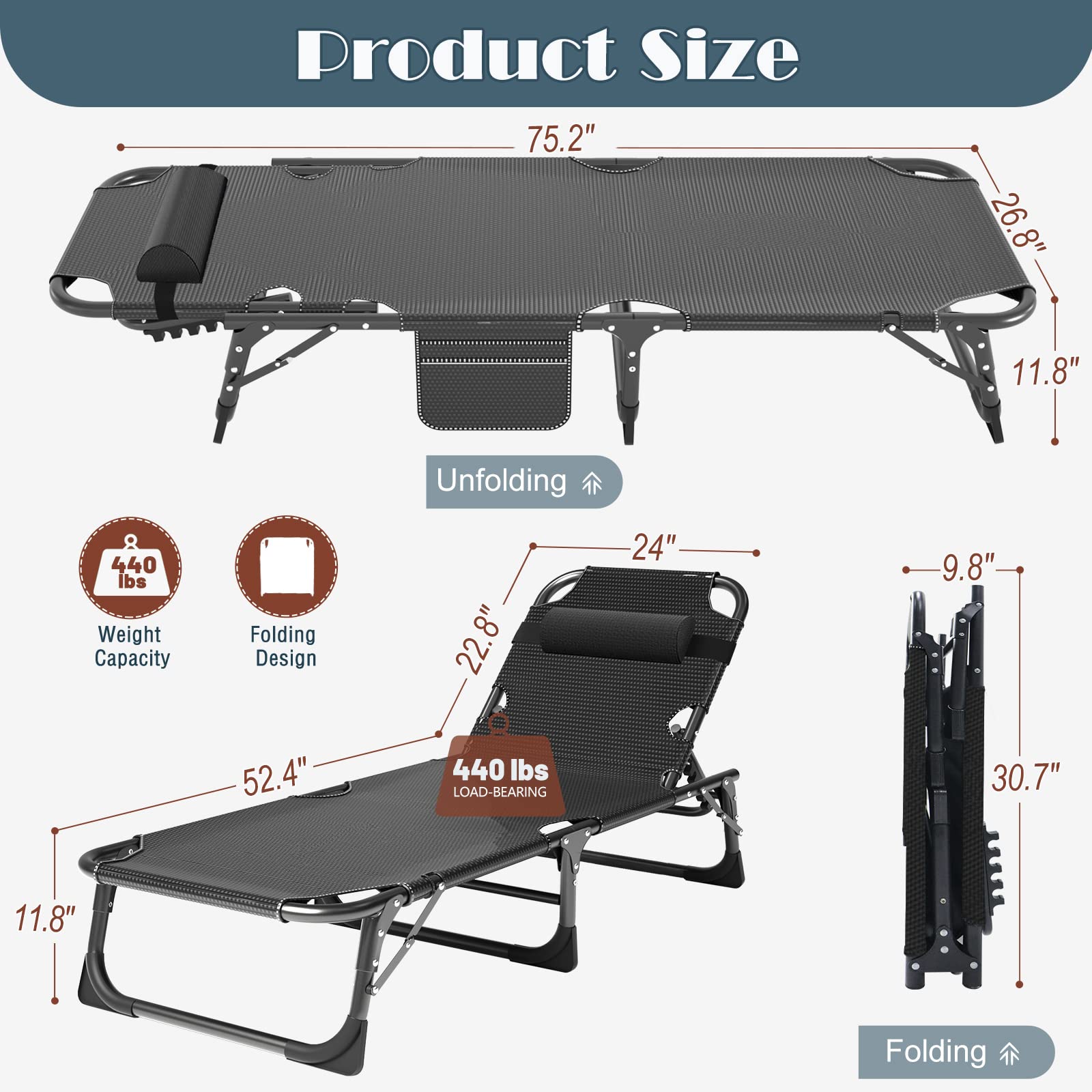 ABORON Heavy Duty Folding Lounge Chair for Outdoor - 500lb Capacity Portable Cot for Adults, Beach Poolside Sunbathing, Camping & Patio Relaxation - Sturdy Foldable Sleeping Bed for Heavy People
