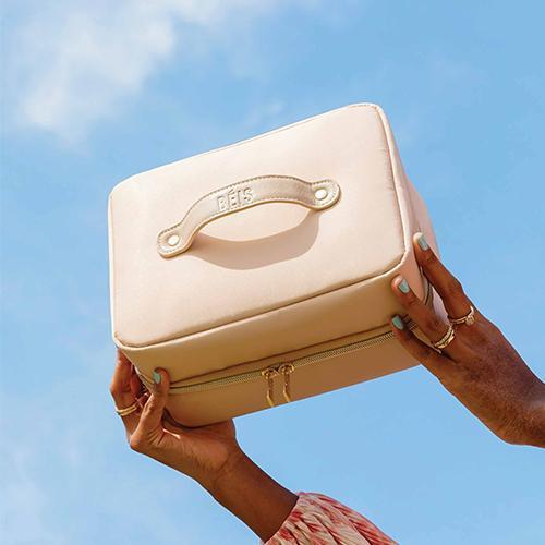 Beige Hanging Cosmetic Bag - Travel Makeup Organizer with Hooks for Bathroom, Dorm, or Gym Storage | Portable & Spacious Toiletry Pouch