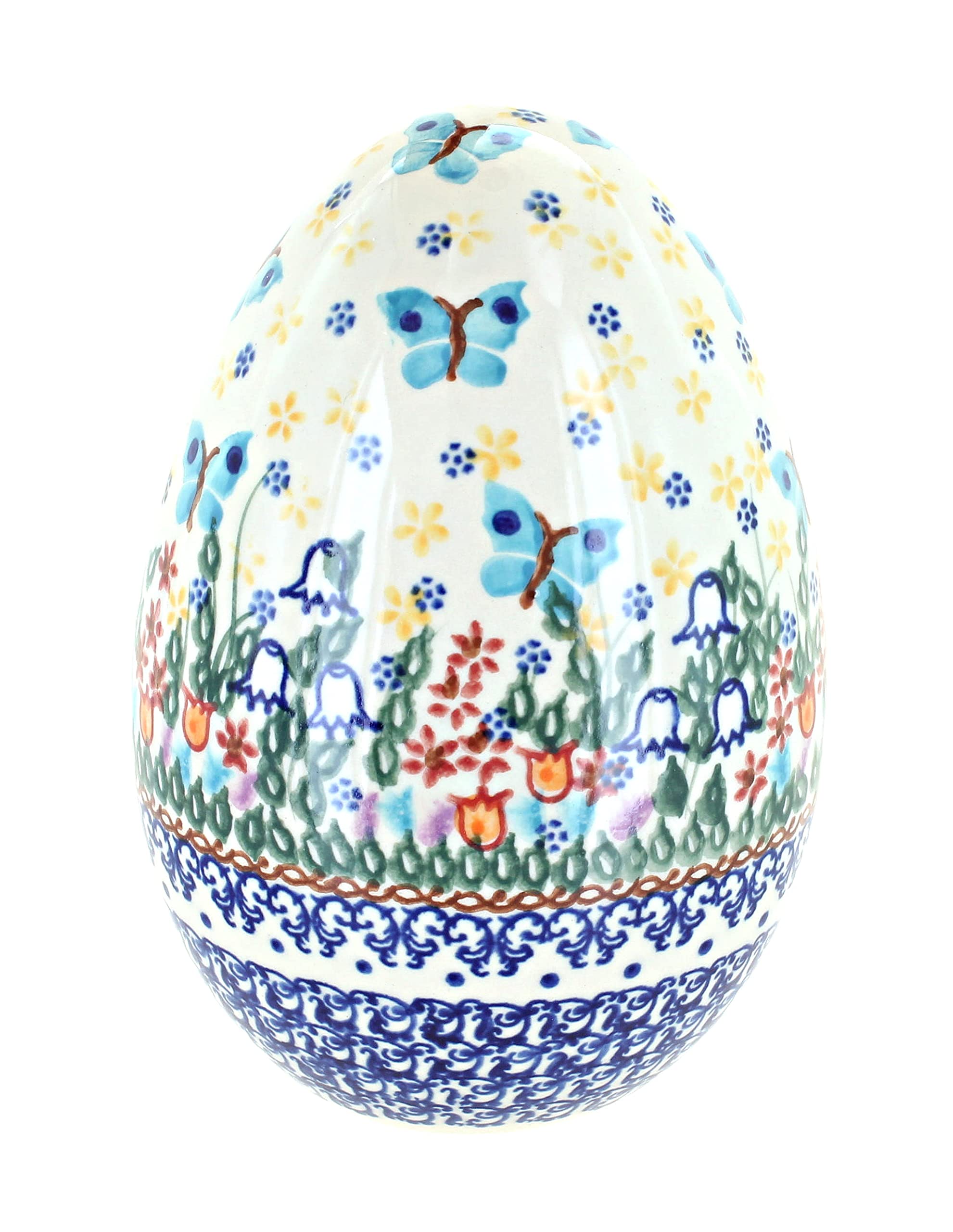 Hand-Painted Blue Rose Polish Pottery Garden of Eden Large Decorative Egg - Perfect for Easter Decor, Home Centerpiece & Unique Gift