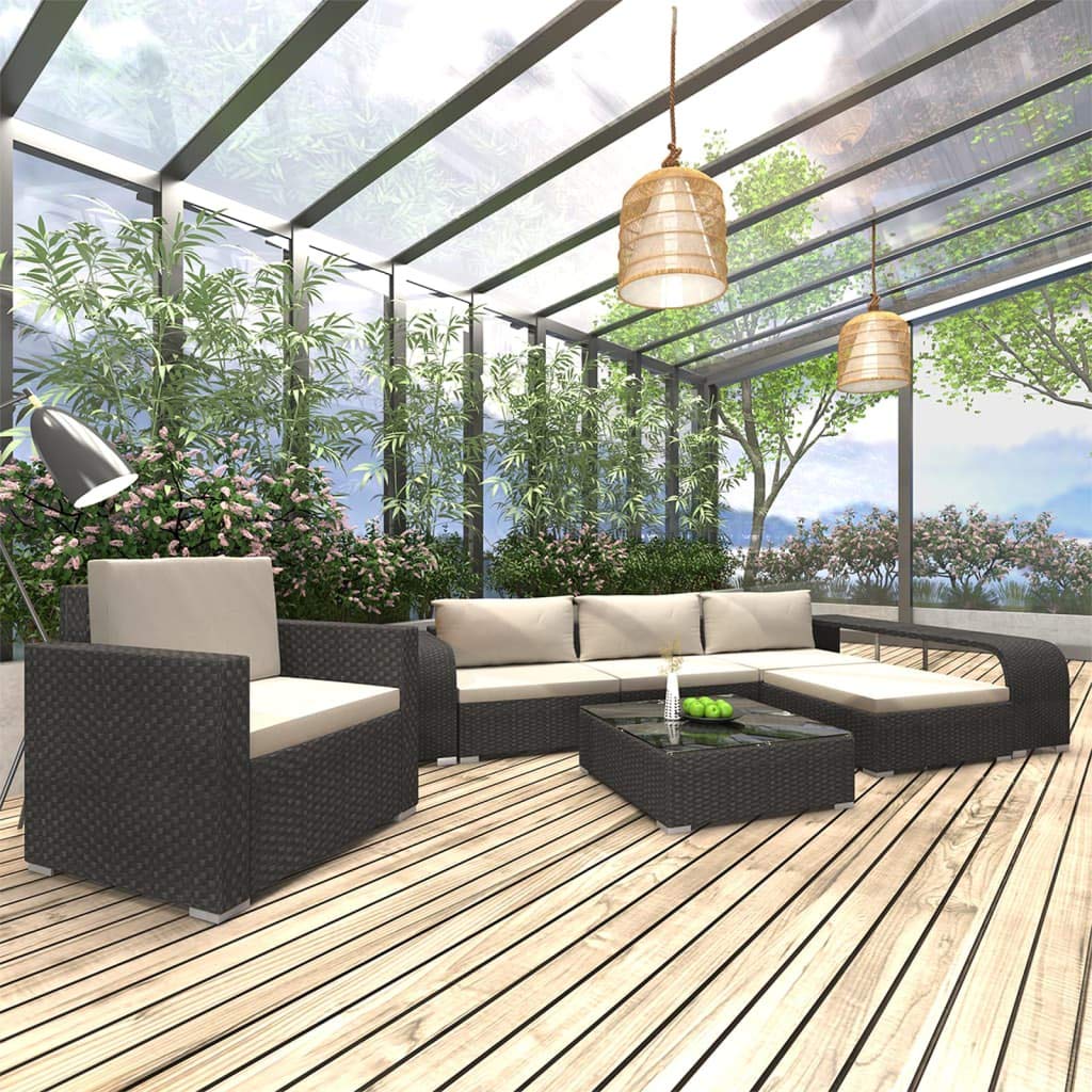 8-Piece PE Rattan Garden Lounge Set with Cushions - Outdoor Patio Furniture Conversation Set for Backyard, Porch, Poolside - Weather-Resistant Black & White Wicker Chairs - Perfect for Relaxing, Entertaining & Outdoor Dining